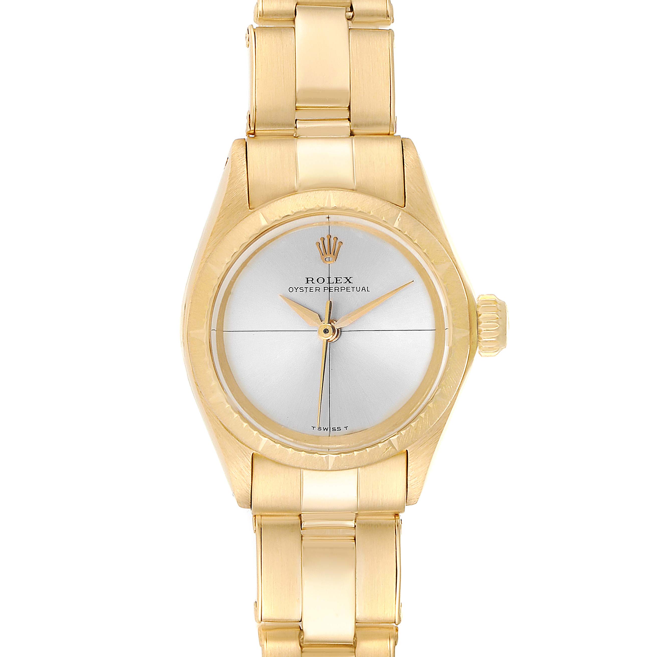 This image shows a front view of a Rolex Oyster Perpetual 6615 Women
s Yellow Gold Silver Dial 6615 Women
s Yellow Gold Silver Dial watch highlighting its gold case, bracelet, and silver dial.