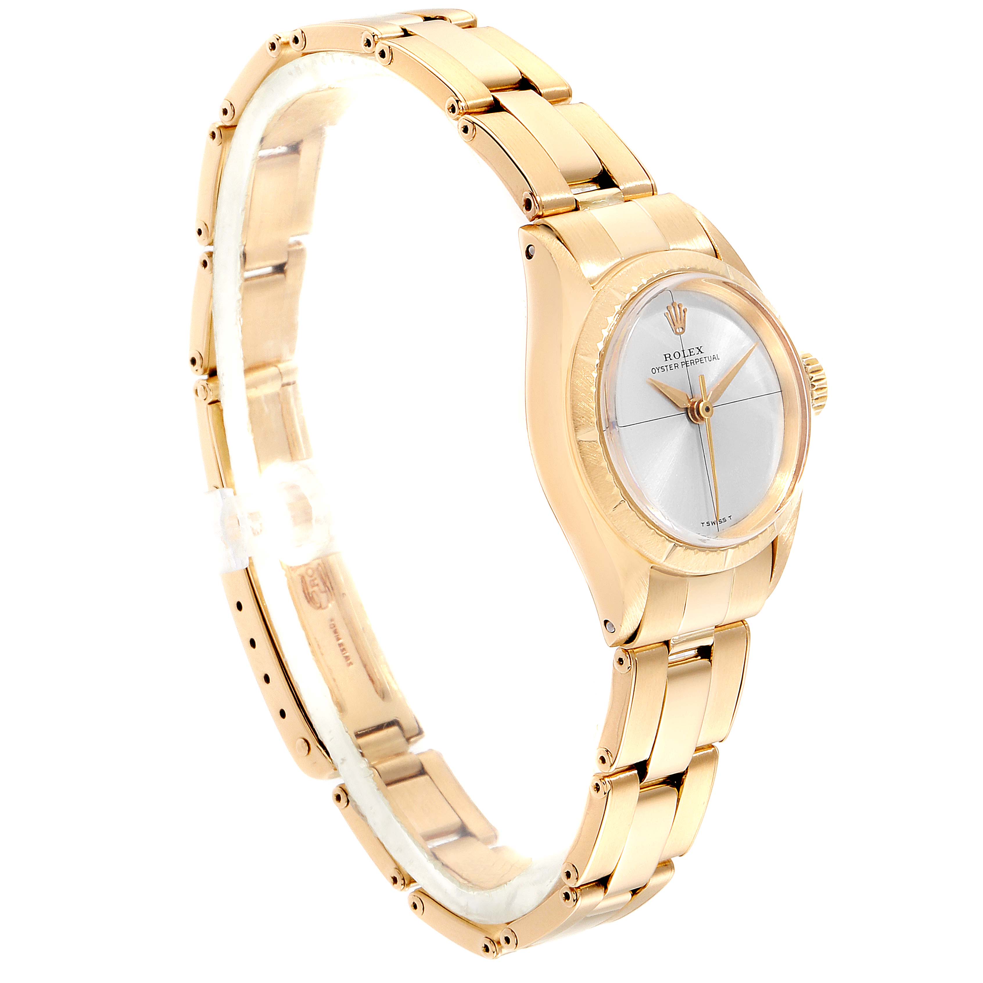 This Rolex Oyster Perpetual 6615 Women
s Yellow Gold Silver Dial 6615 Women
s Yellow Gold Silver Dial watch is shown from a side angle, highlighting the bracelet and part of the case and dial.