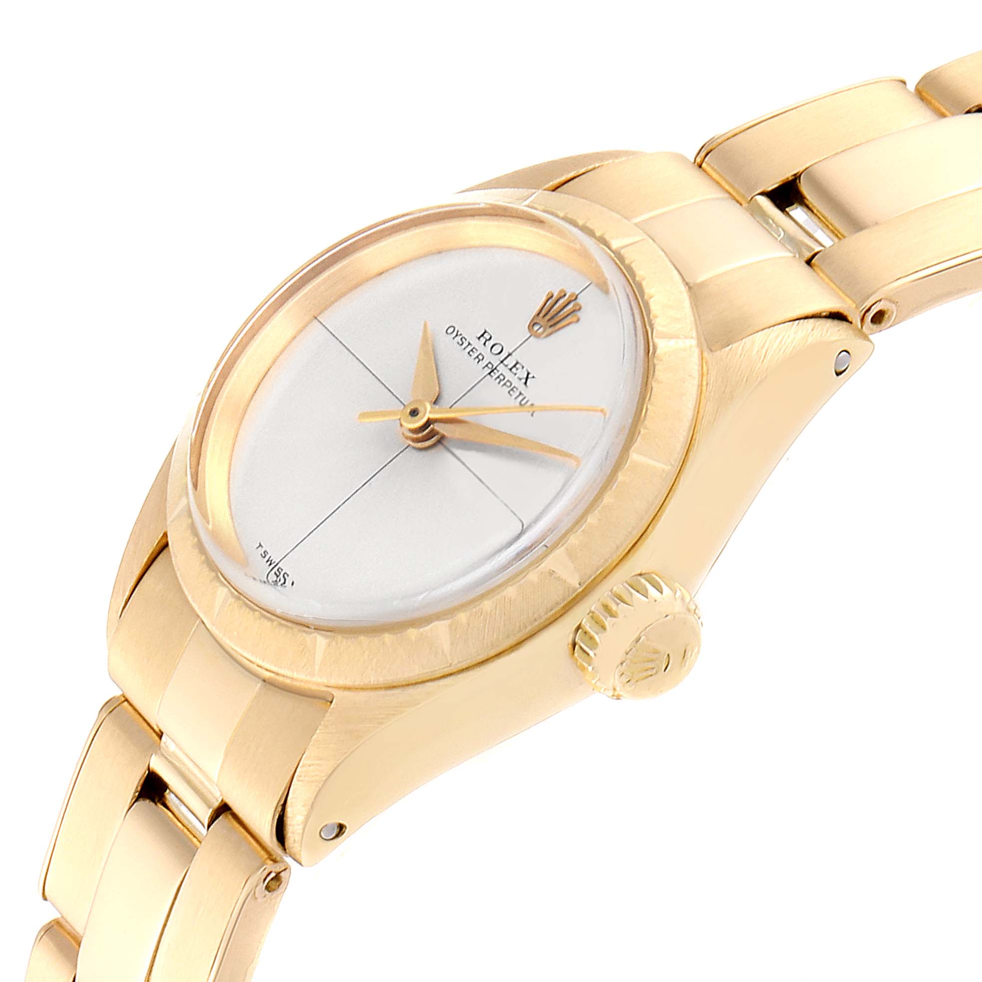 The angle shows a side and front view of the Rolex Oyster Perpetual 6615 Women
s Yellow Gold Silver Dial 6615 Women
s Yellow Gold Silver Dial watch, highlighting the crown, bezel, dial, and part of the bracelet.