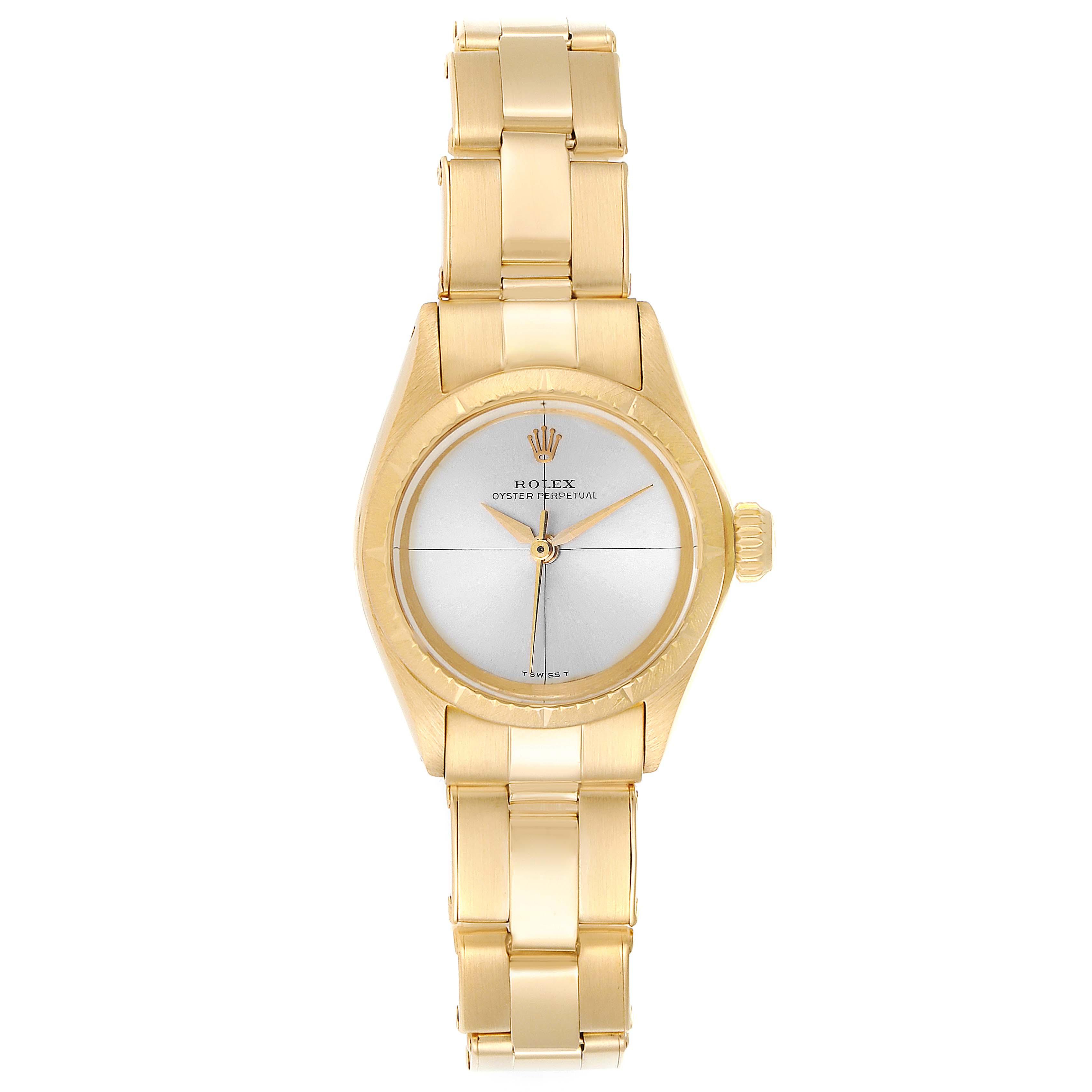 The image shows a front view of a Rolex Oyster Perpetual 6615 Women
s Yellow Gold Silver Dial 6615 Women
s Yellow Gold Silver Dial watch in gold with a silver dial and gold hour markers.
