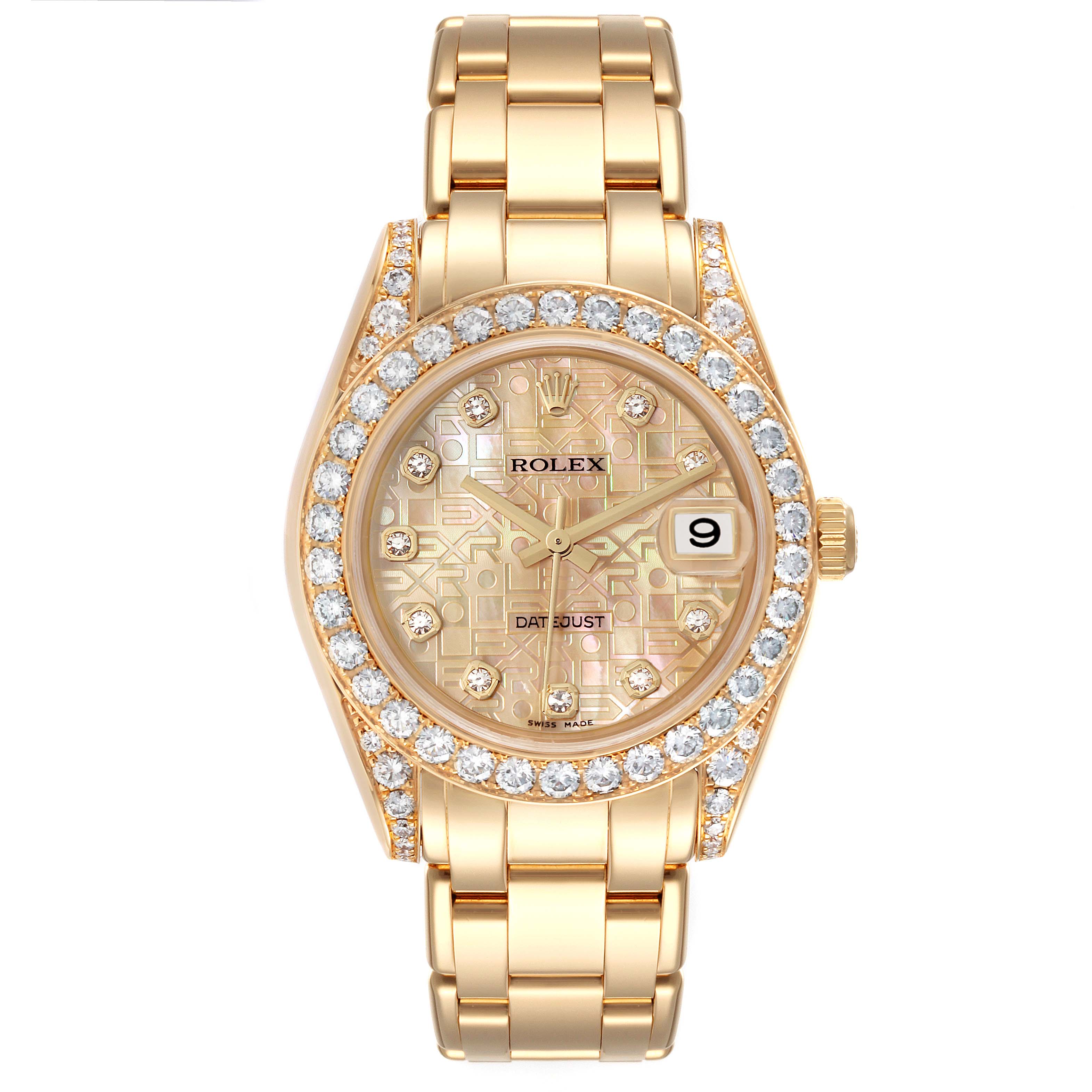 The image shows a front view of a Rolex Pearlmaster 81158 Women's Yellow Gold Mother of Pearl Dial 81158 Women's Yellow Gold Mother of Pearl Dial watch, highlighting its diamond bezel, dial, and bracelet.