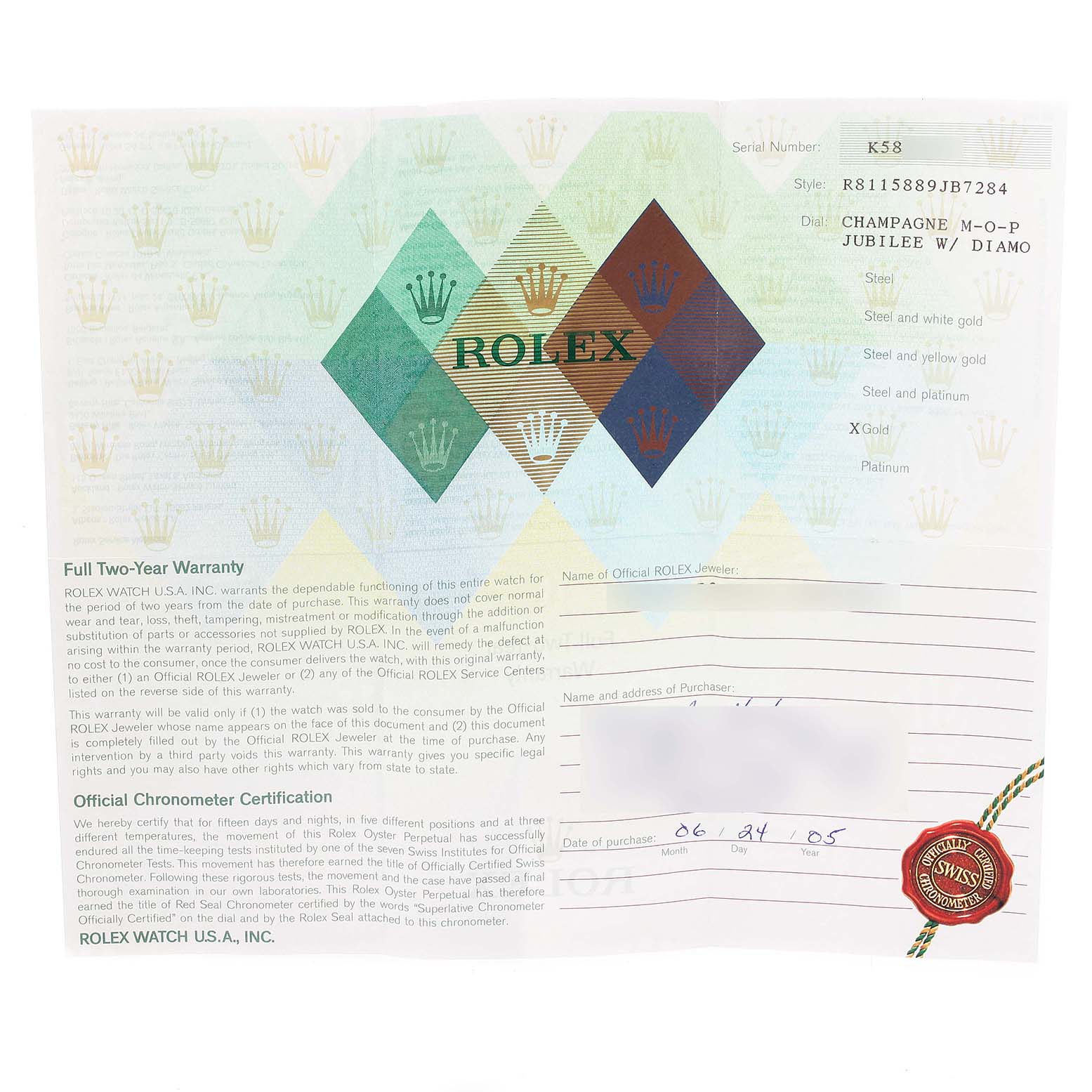 This is the warranty and certification card for the Rolex Pearlmaster 81158 Women's Yellow Gold Mother of Pearl Dial 81158 Women's Yellow Gold Mother of Pearl Dial model watch.