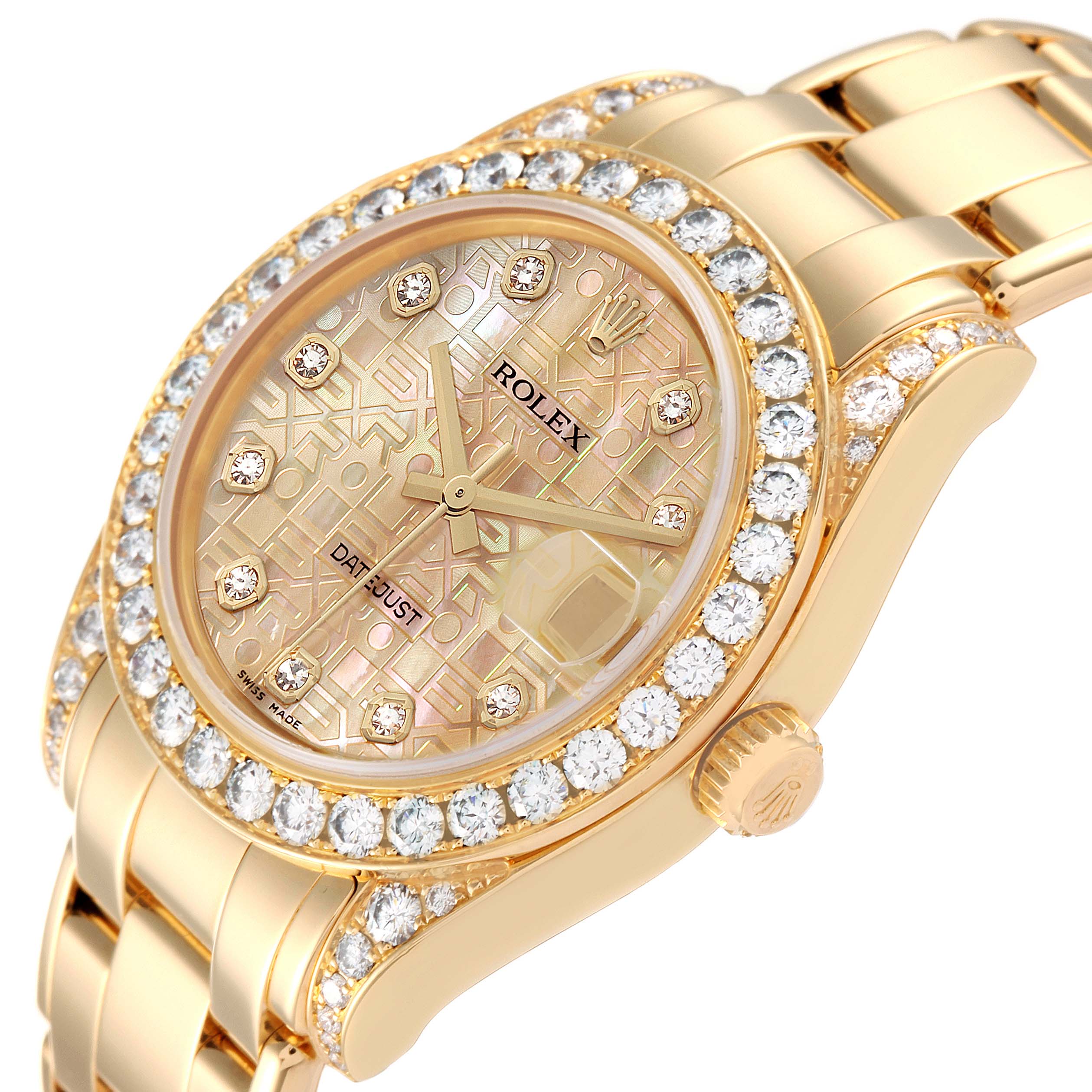 This image shows a Rolex Pearlmaster 81158 Women's Yellow Gold Mother of Pearl Dial 81158 Women's Yellow Gold Mother of Pearl Dial watch at a slight angle, highlighting the diamond-set bezel, intricate dial, and part of the bracelet.