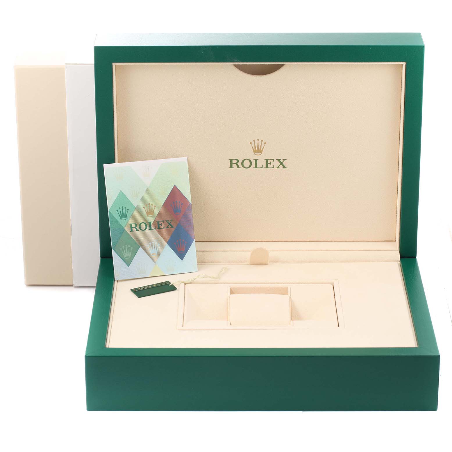 This image shows an open Rolex Pearlmaster 81158 Women's Yellow Gold Mother of Pearl Dial 81158 Women's Yellow Gold Mother of Pearl Dial watch box from a straight-on angle, featuring the interior compartment and a booklet.