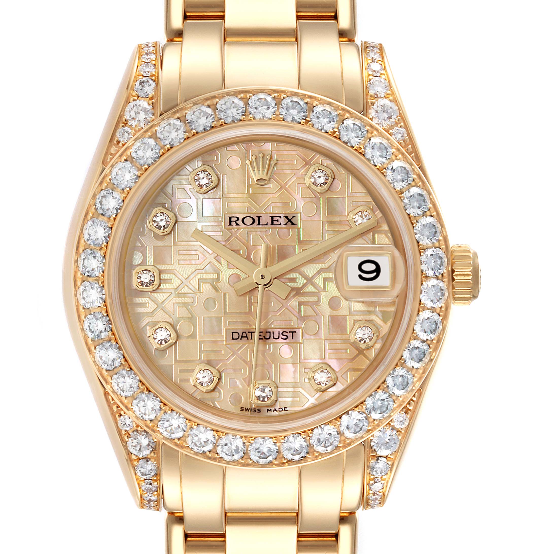 The image shows a front view of a Rolex Pearlmaster 81158 Women's Yellow Gold Mother of Pearl Dial 81158 Women's Yellow Gold Mother of Pearl Dial watch displaying the dial, bezel, and part of the bracelet.