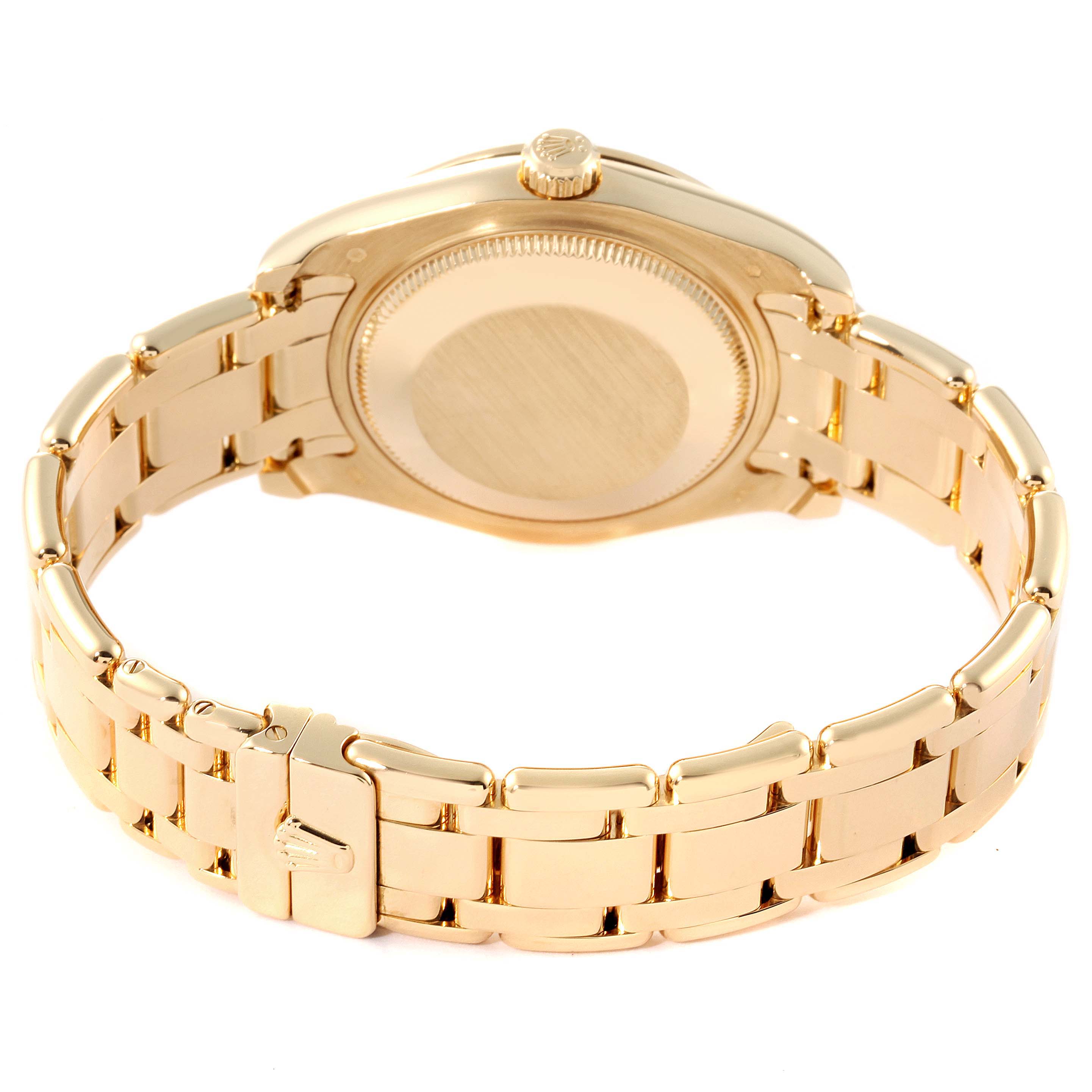 The image shows the back and bracelet of a Rolex Pearlmaster 81158 Women's Yellow Gold Mother of Pearl Dial 81158 Women's Yellow Gold Mother of Pearl Dial watch at an angled view.