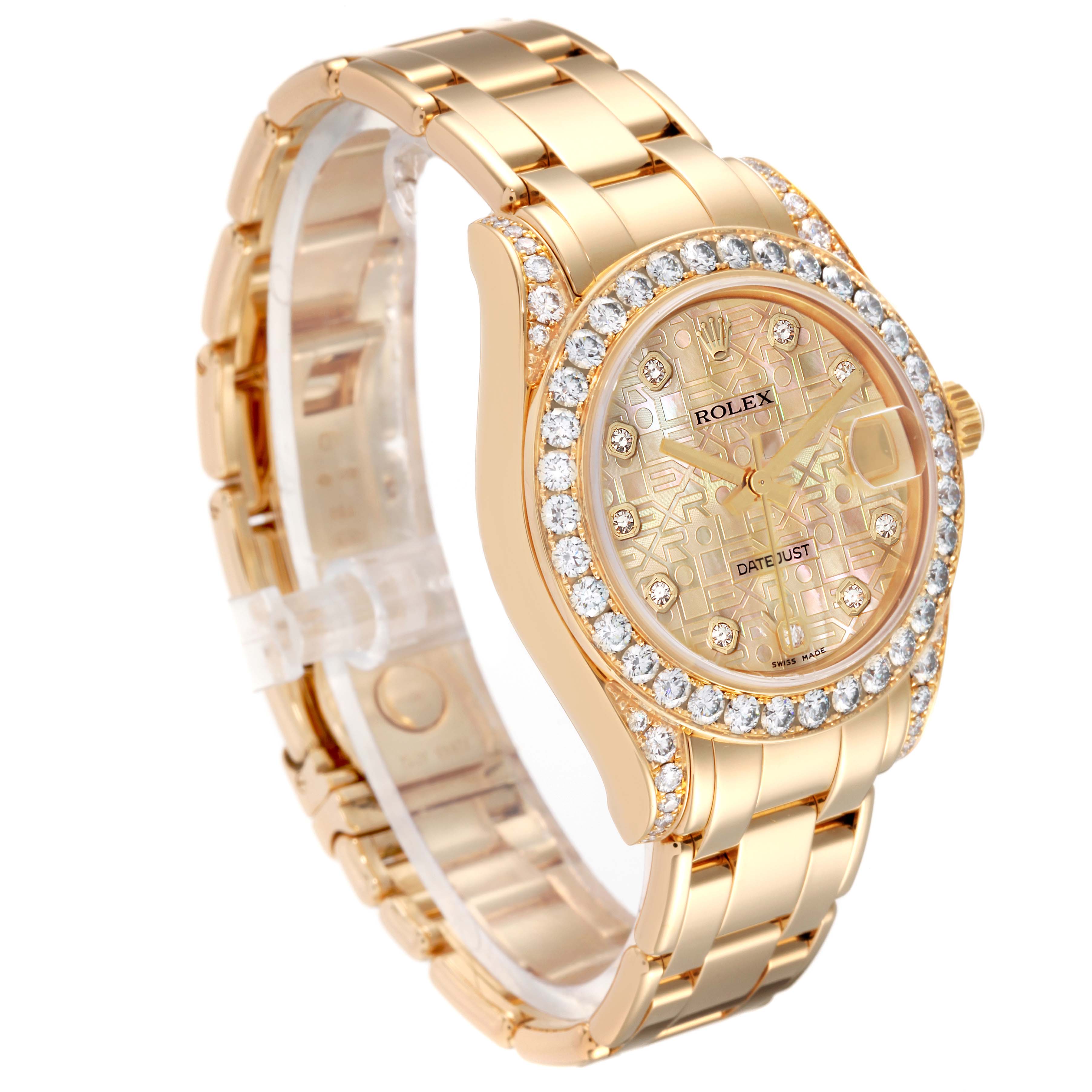 The image shows a Rolex Pearlmaster 81158 Women's Yellow Gold Mother of Pearl Dial 81158 Women's Yellow Gold Mother of Pearl Dial watch at an angle highlighting its gold bracelet, diamond-studded bezel, and intricate dial.