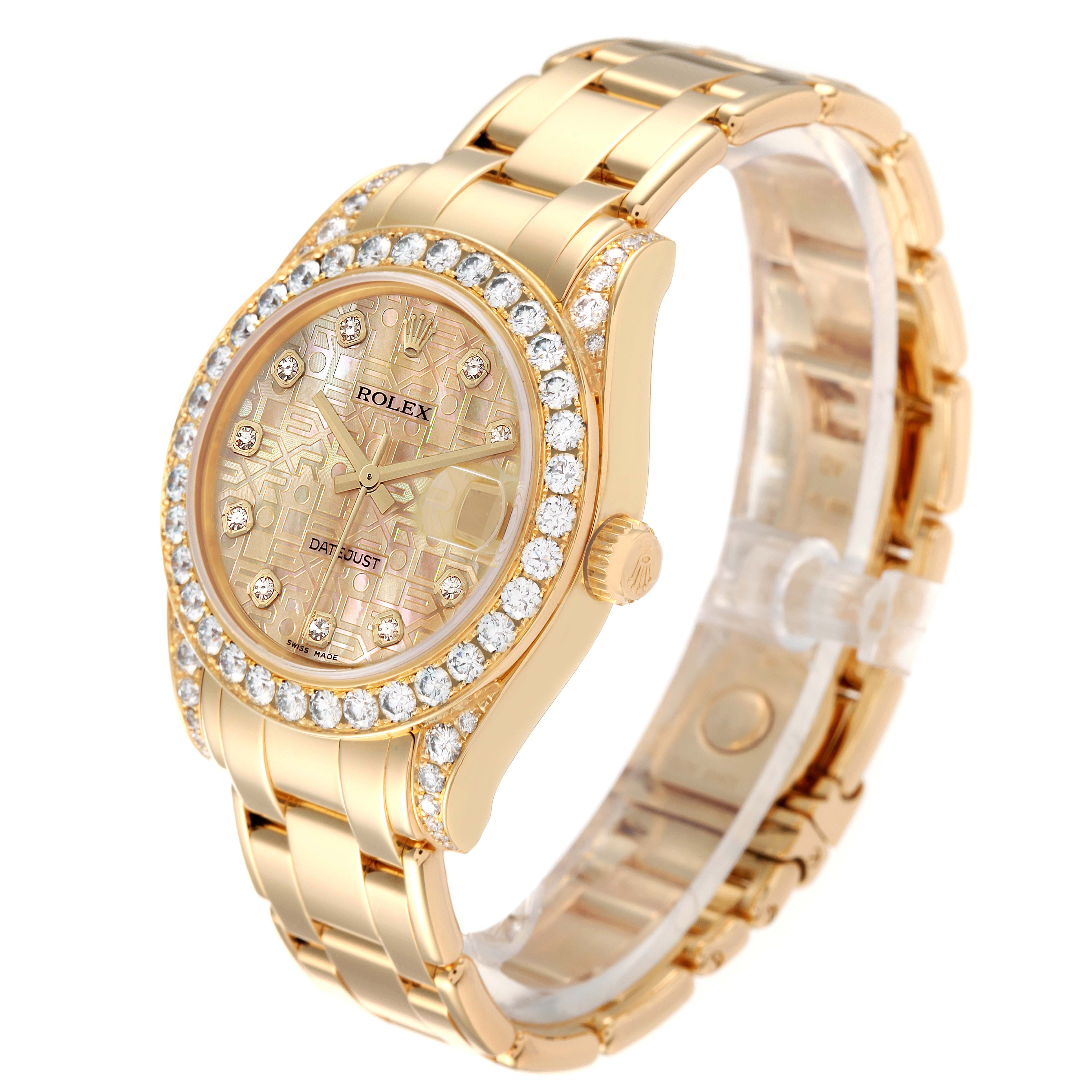 The Rolex Pearlmaster 81158 Women's Yellow Gold Mother of Pearl Dial 81158 Women's Yellow Gold Mother of Pearl Dial watch is shown at a slight angle highlighting the face, bezel, bracelet, and crown.