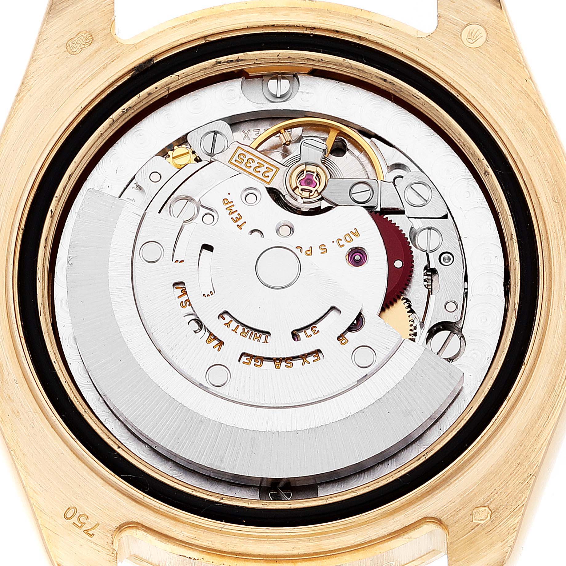 This image shows the movement and inner mechanism of a Rolex Pearlmaster 81158 Women's Yellow Gold Mother of Pearl Dial 81158 Women's Yellow Gold Mother of Pearl Dial watch with the caseback removed.