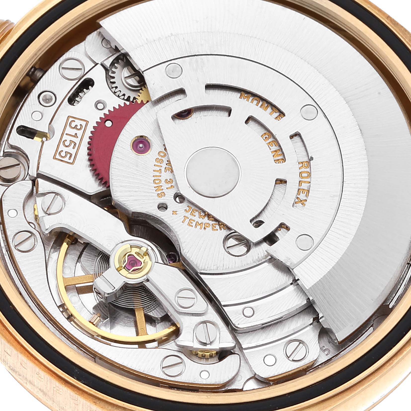 This image shows the inner mechanical movement of a Rolex President 18238 Men's Yellow Gold Champagne Dial 18238 Men's Yellow Gold Champagne Dial model watch from a close-up angle.