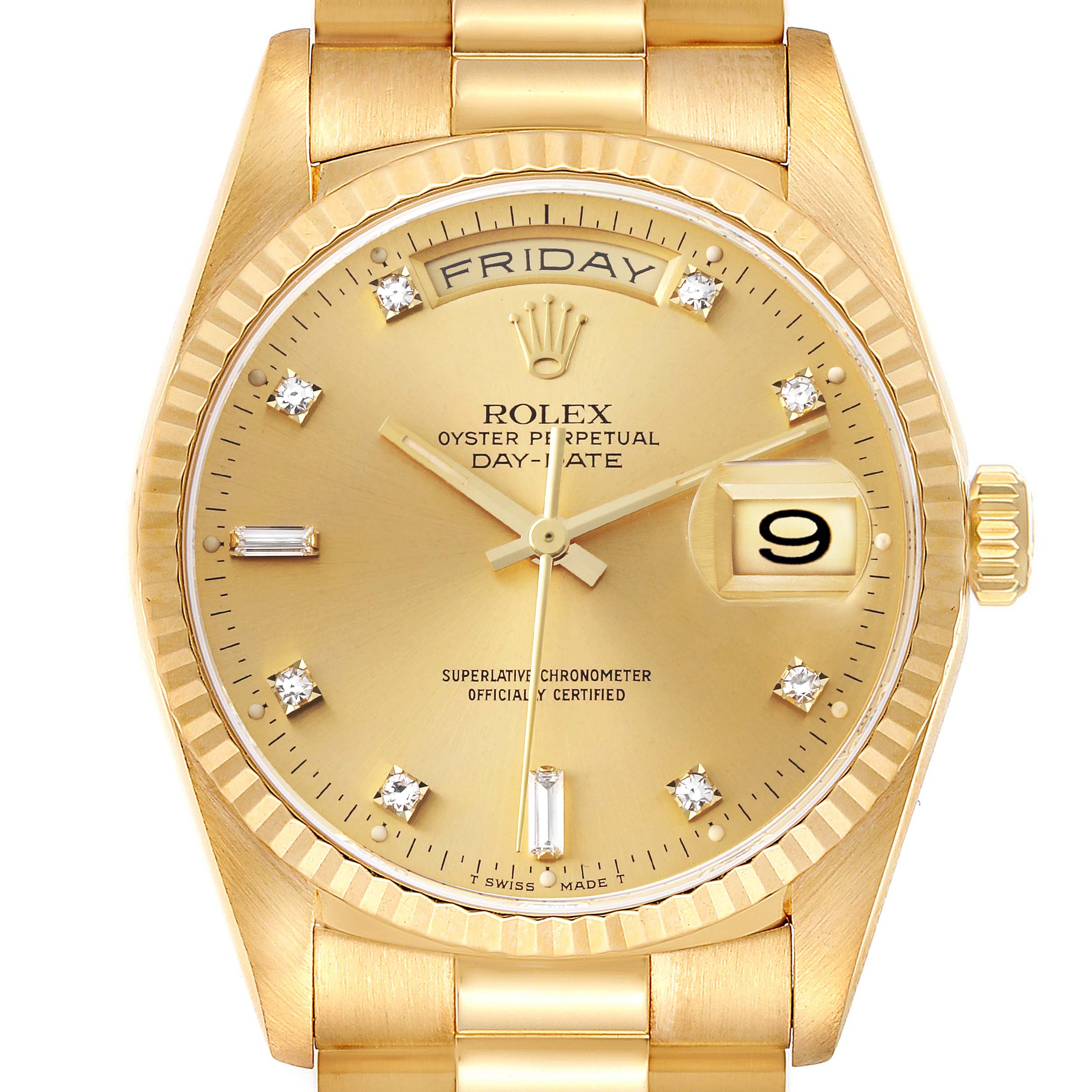 This image shows a front view of the Rolex President 18238 Men's Yellow Gold Champagne Dial 18238 Men's Yellow Gold Champagne Dial model watch, displaying the dial, day, and date features.