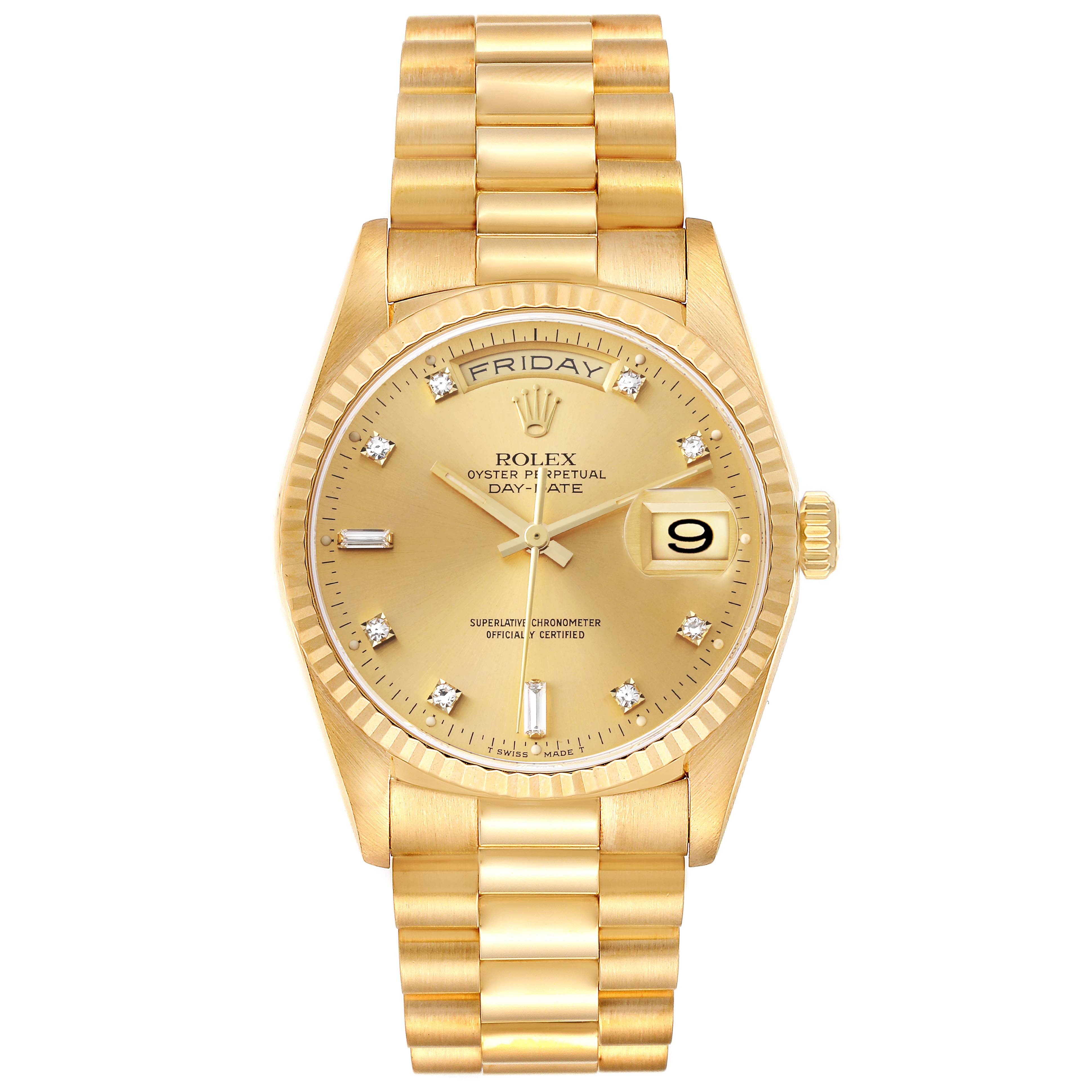 The image shows the Rolex President 18238 Men's Yellow Gold Champagne Dial 18238 Men's Yellow Gold Champagne Dial model watch from a frontal angle, highlighting its bracelet, dial, and indicators.