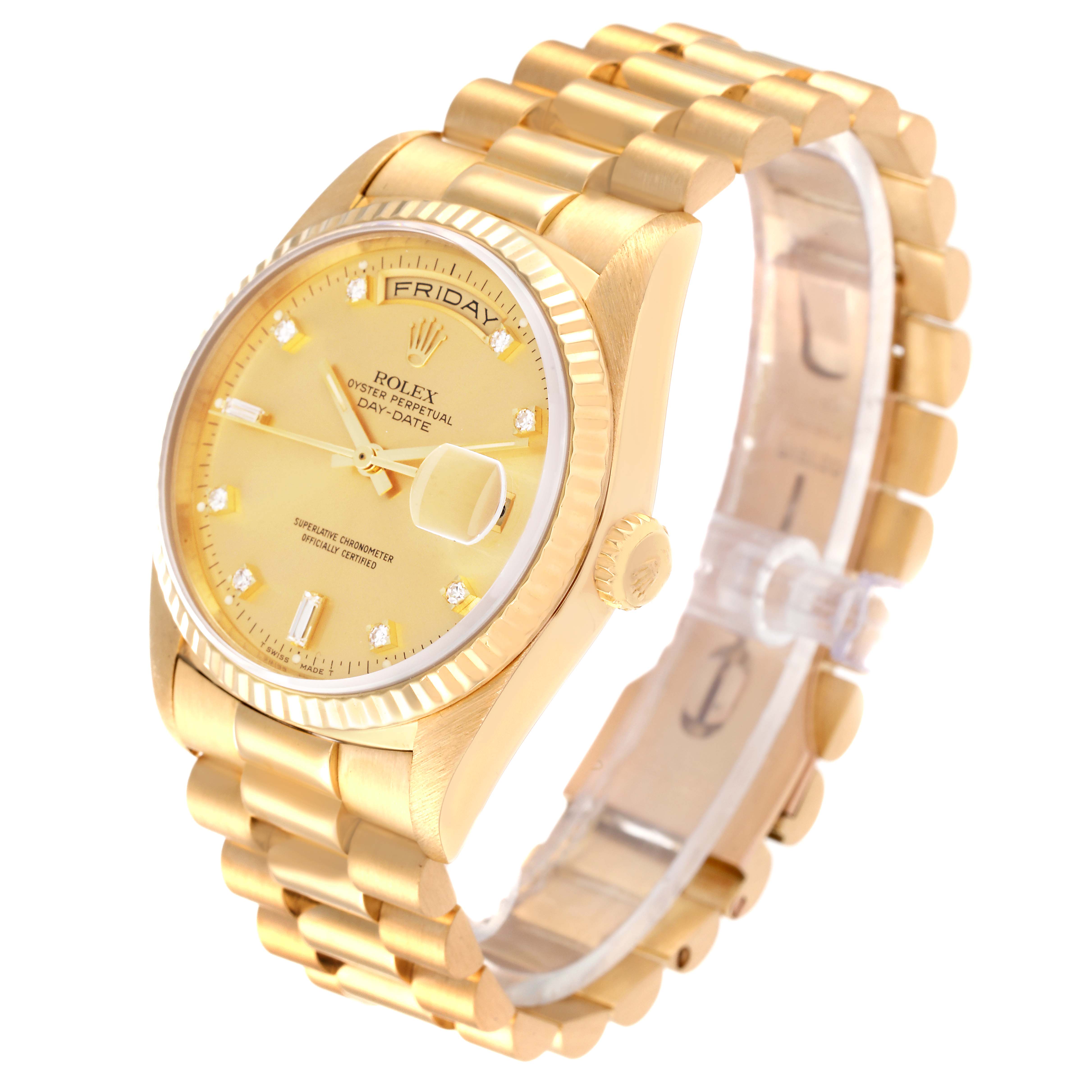 The Rolex President 18238 Men's Yellow Gold Champagne Dial 18238 Men's Yellow Gold Champagne Dial watch is shown at a three-quarter angle, highlighting its bracelet, crown, and face with a cyclops lens over the date.