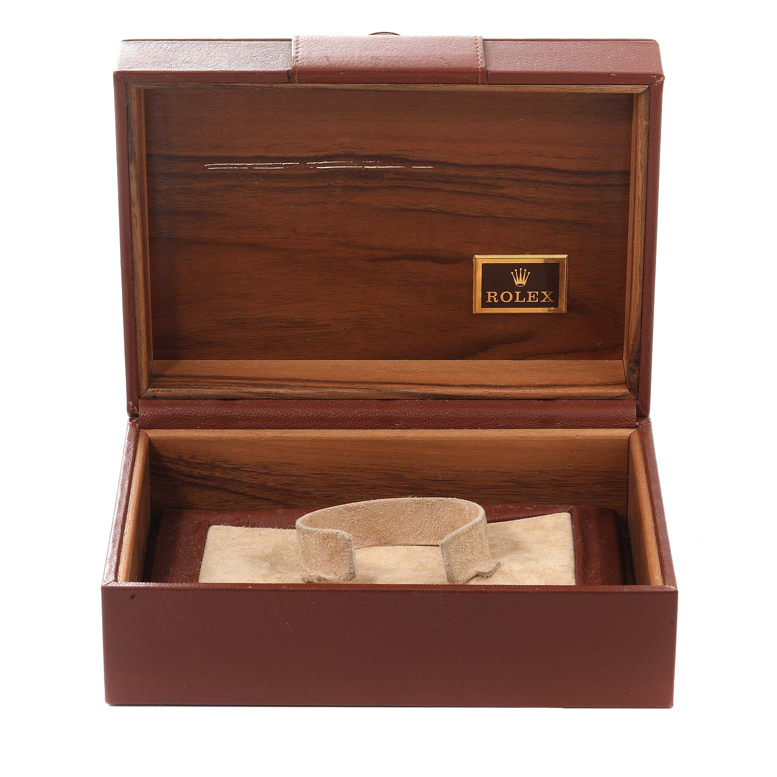 This image shows an open Rolex President 18238 Men's Yellow Gold Champagne Dial 18238 Men's Yellow Gold Champagne Dial model watch box with its cushion inside, viewed from the front.