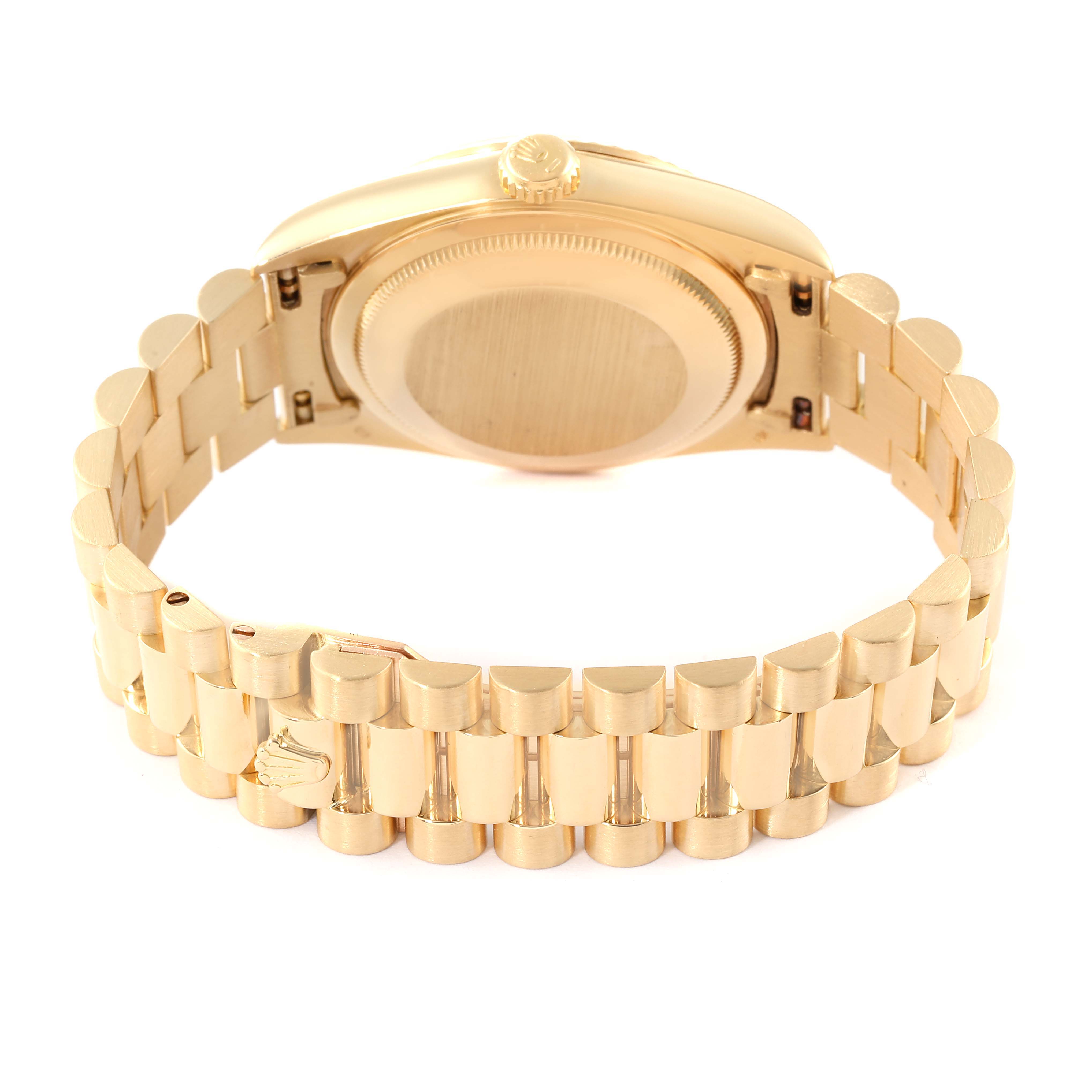 The image shows the back view of a Rolex President 18238 Men's Yellow Gold Champagne Dial 18238 Men's Yellow Gold Champagne Dial model, including the case back and the bracelet with the clasp.