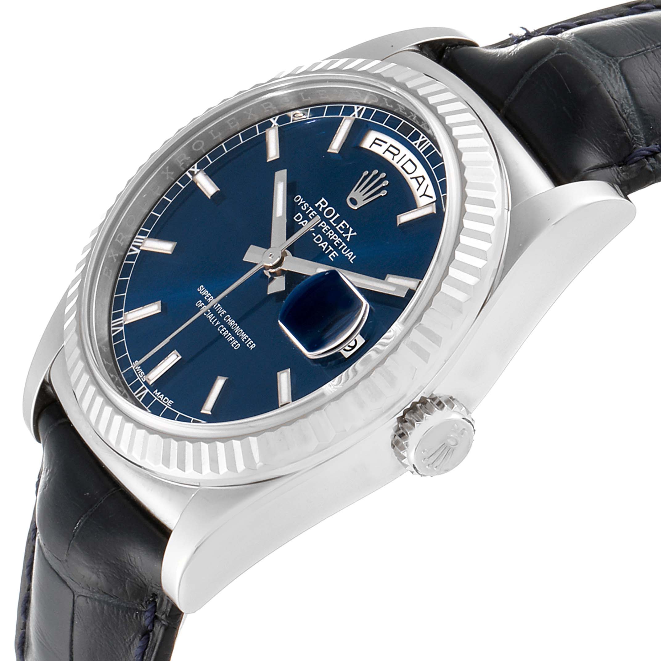 The image shows a Rolex President 118139 Men's White Gold Blue Dial 118139 Men's White Gold Blue Dial model watch at a 3 o'clock angle, highlighting the crown, dial, bezel, and part of the leather strap.