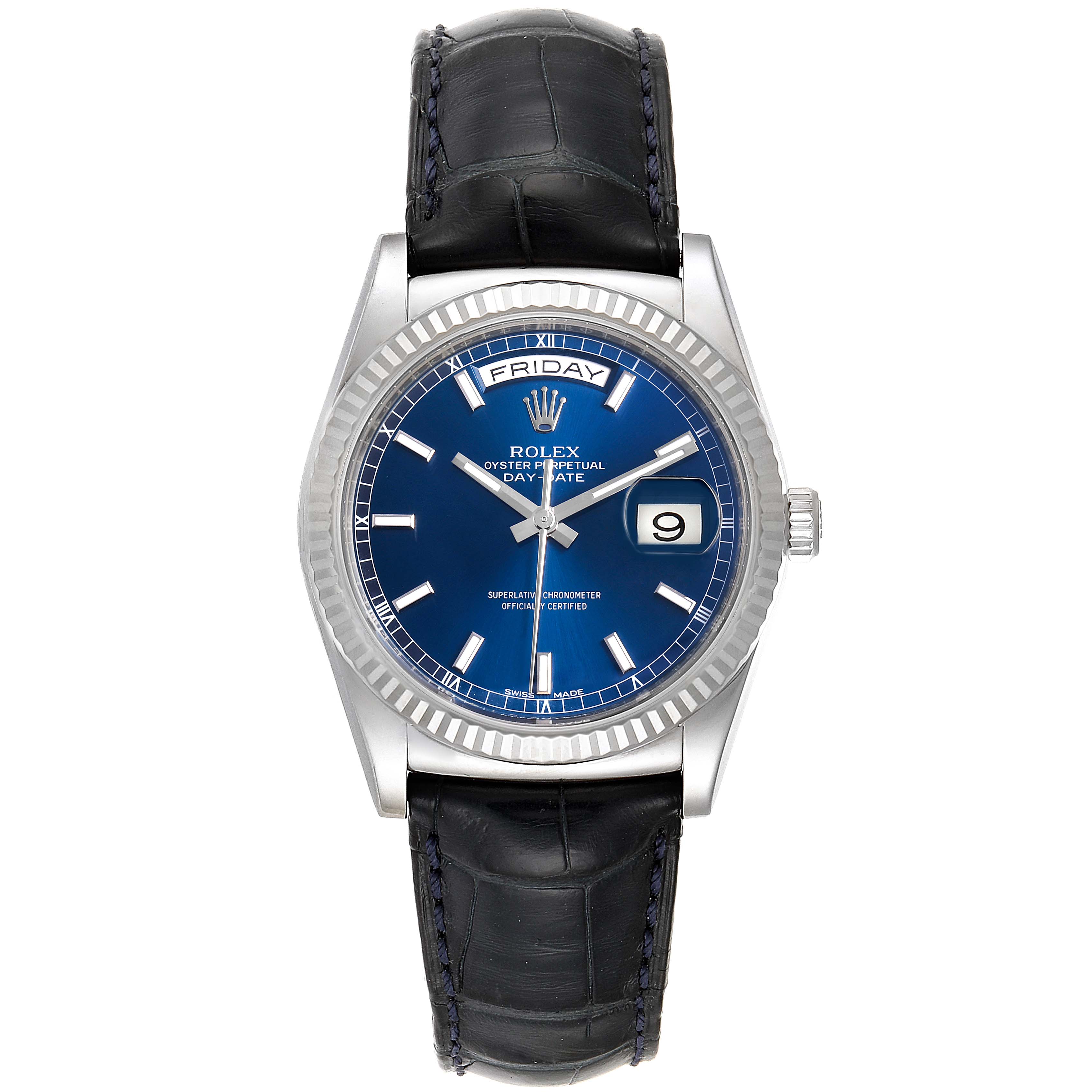 This image shows a front view of the Rolex President 118139 Men's White Gold Blue Dial 118139 Men's White Gold Blue Dial model, displaying the blue dial, day-date window, bezel, and black leather strap.