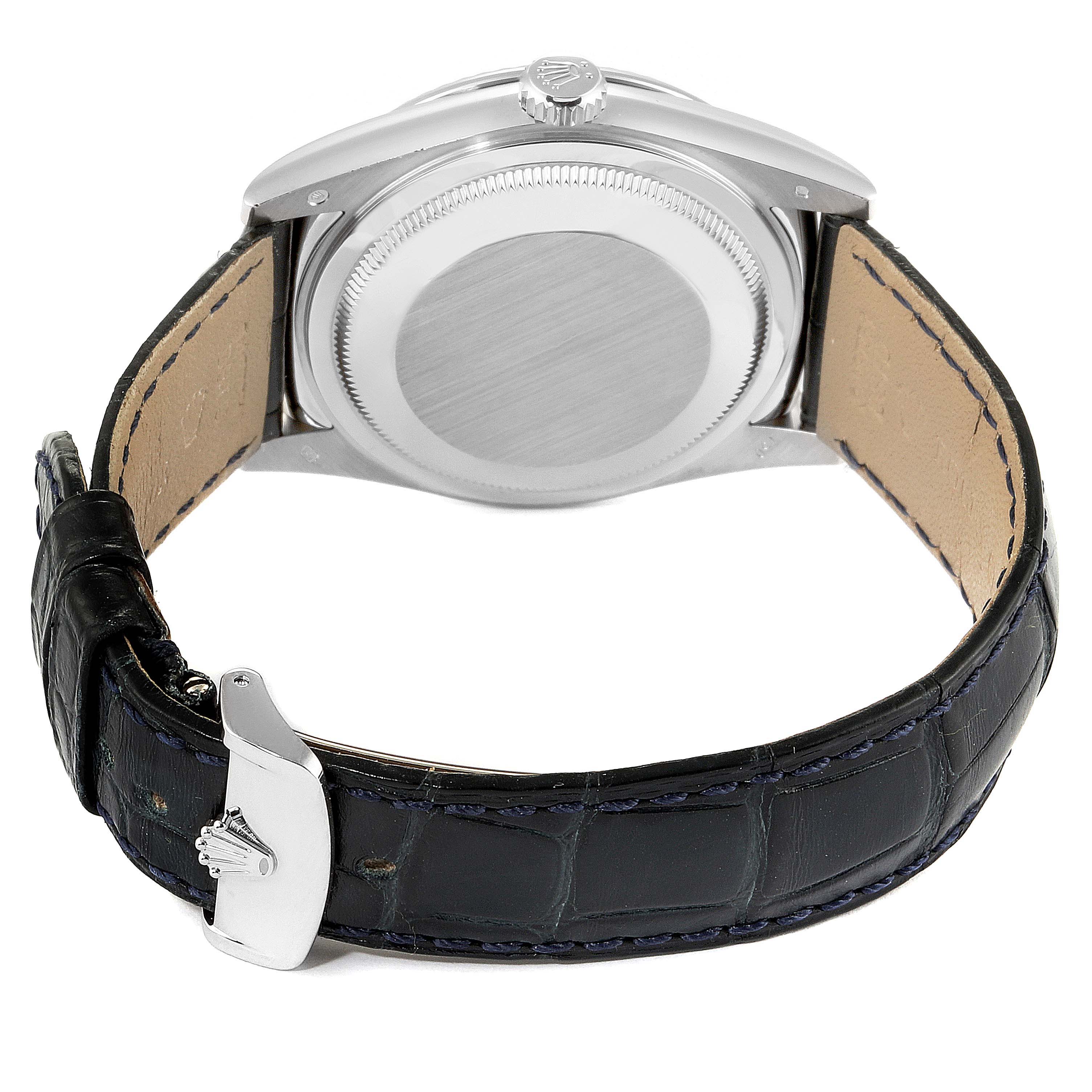 The image shows the back case and leather strap of a Rolex President 118139 Men's White Gold Blue Dial 118139 Men's White Gold Blue Dial model watch from the rear view.