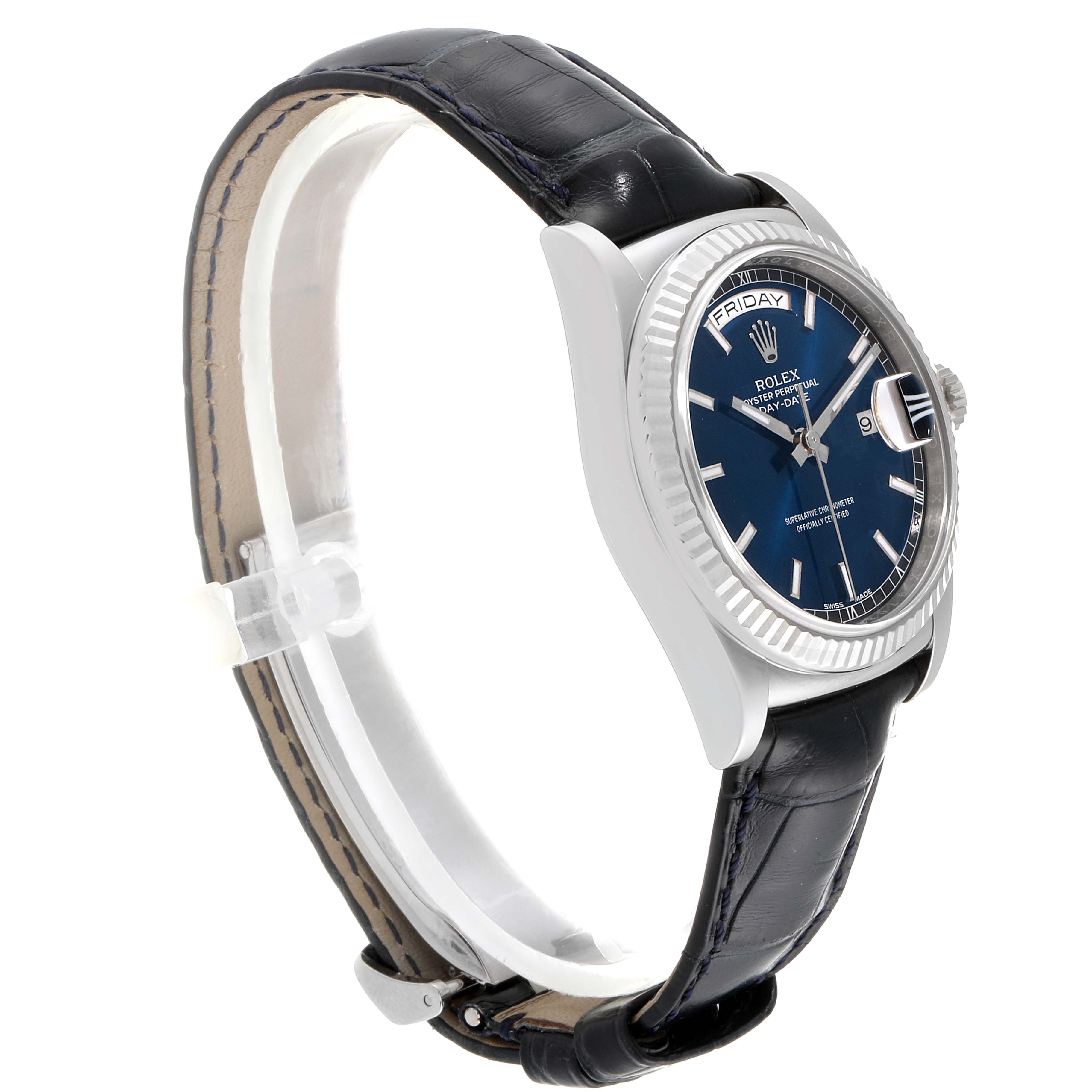 The image shows a side angle of the Rolex President 118139 Men's White Gold Blue Dial 118139 Men's White Gold Blue Dial model watch, featuring the face, bezel, crown, and part of the strap.