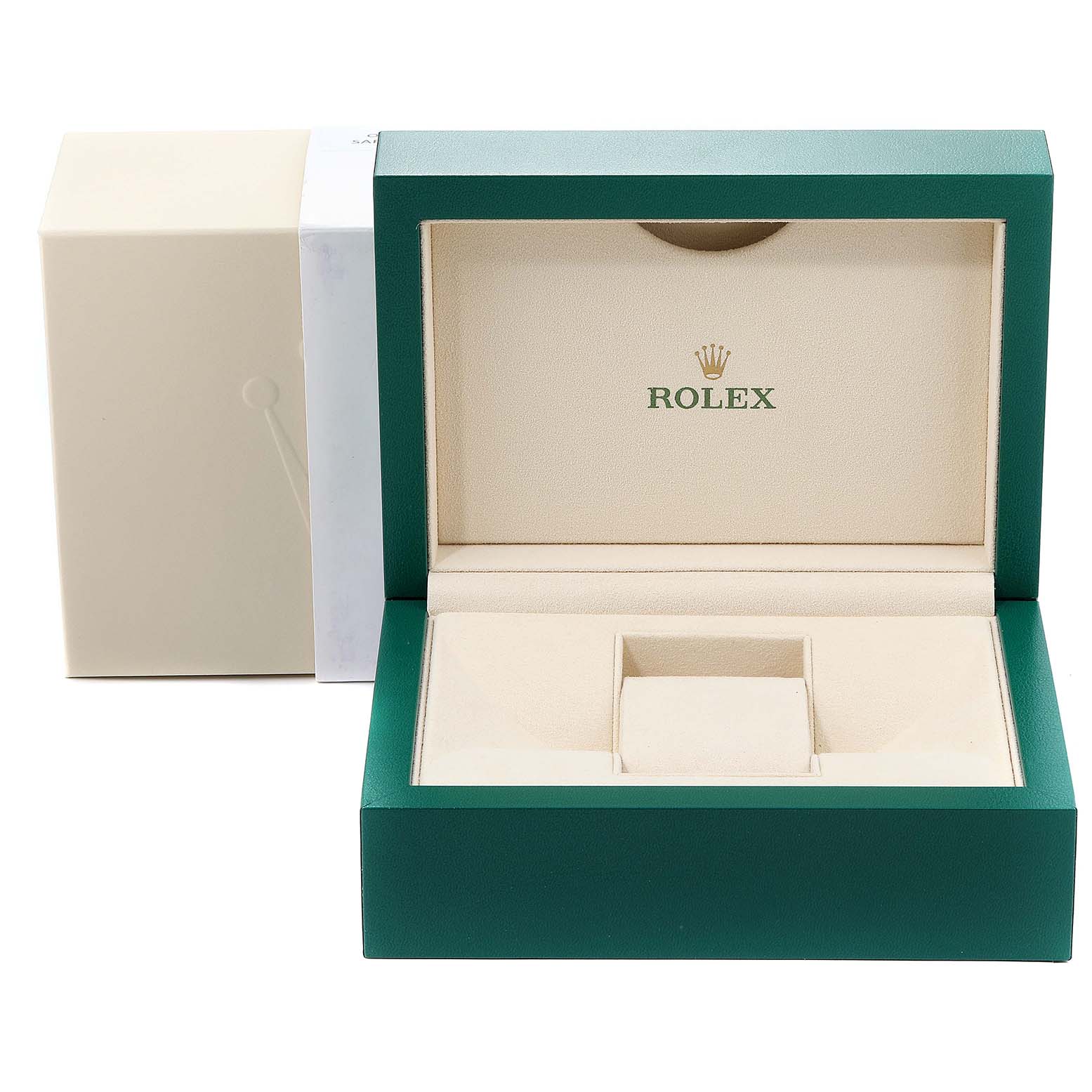 The image shows an open Rolex watch box, featuring the Rolex logo inside, designed for the President model.