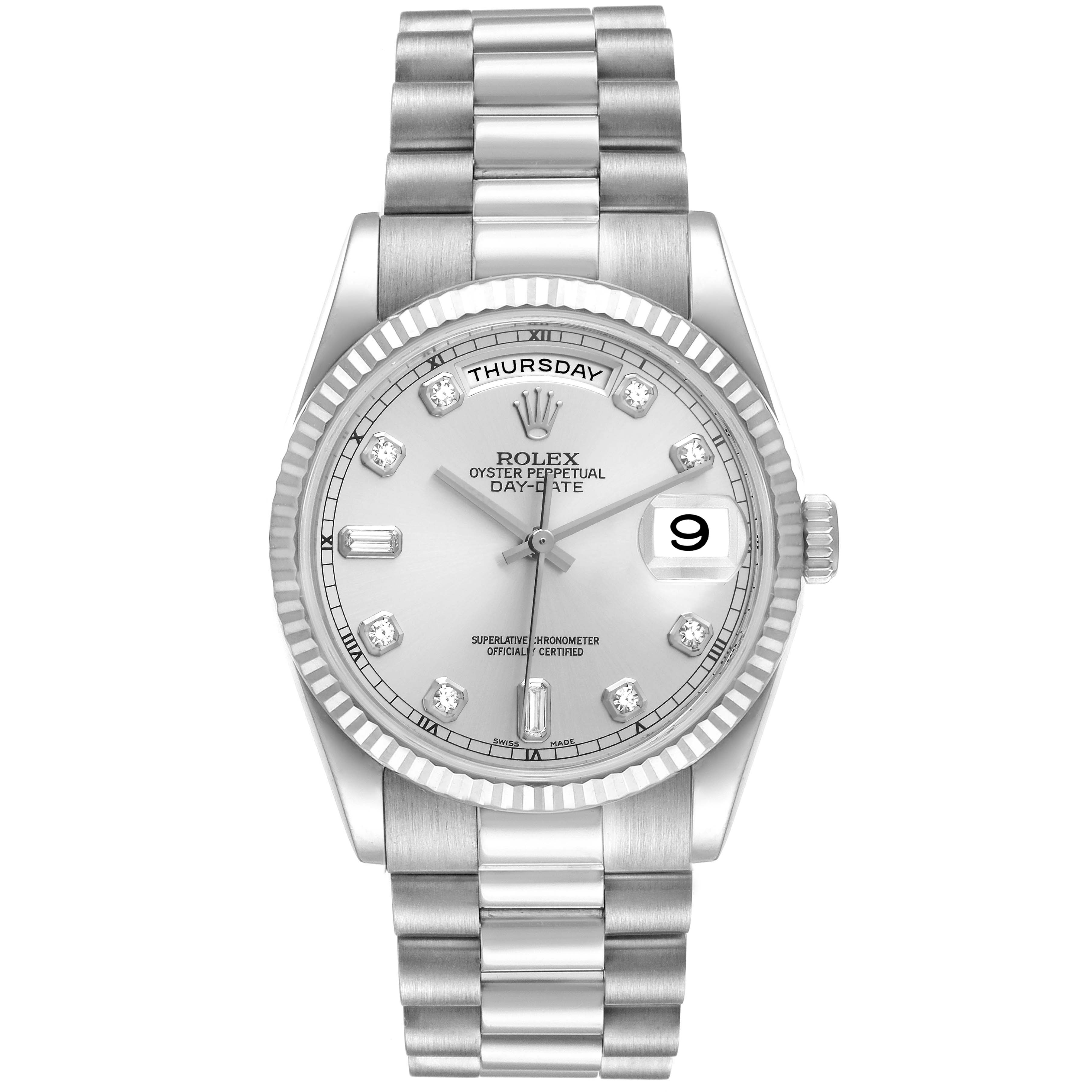 The image shows a front view of a Rolex President 118239 Men's White Gold Silver Dial 118239 Men's White Gold Silver Dial model watch, highlighting its face, bezel, bracelet, and day-date display.