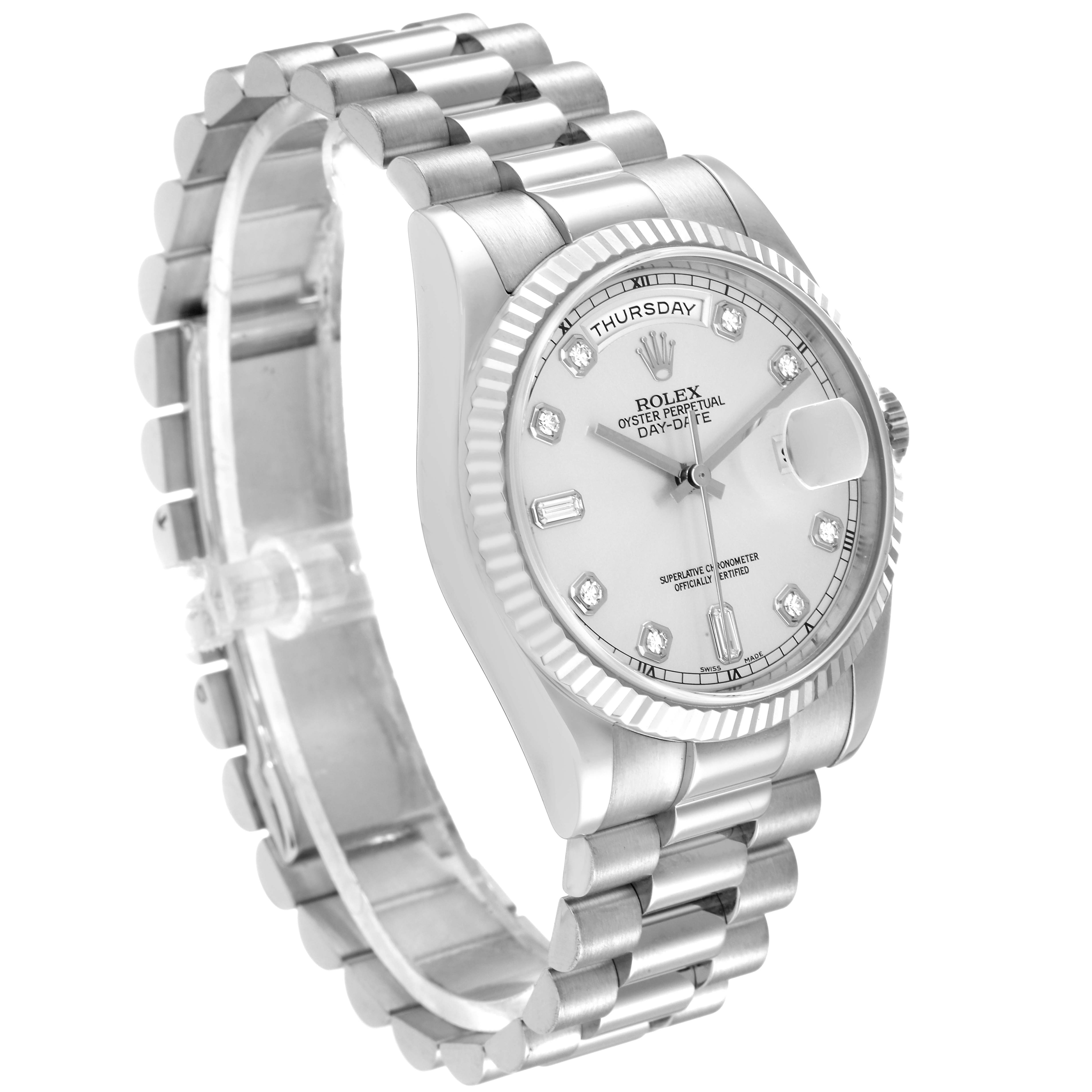 The image shows a stainless steel Rolex President 118239 Men's White Gold Silver Dial 118239 Men's White Gold Silver Dial model watch at a three-quarter angle.