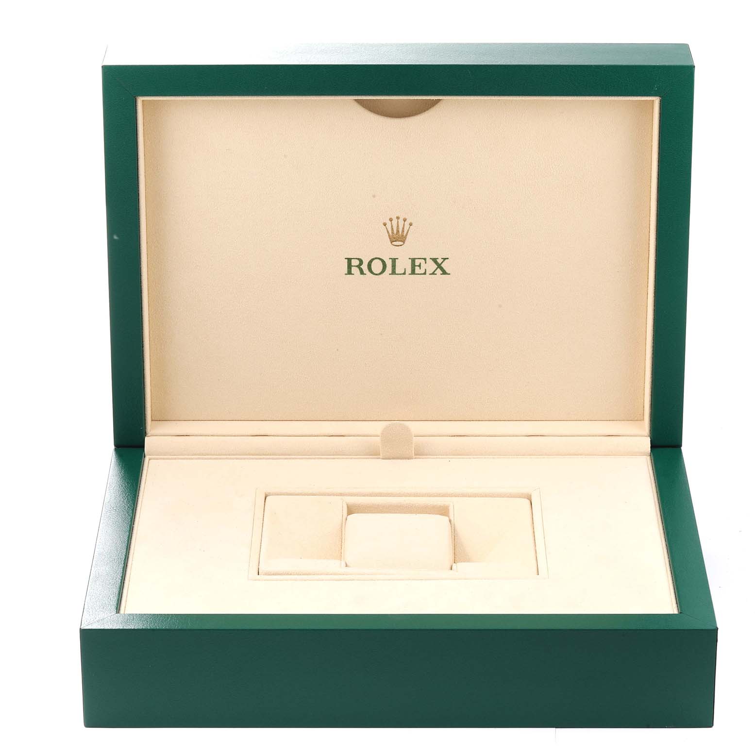 The image shows an empty green Rolex watch box for the President model, with the brand logo visible inside.