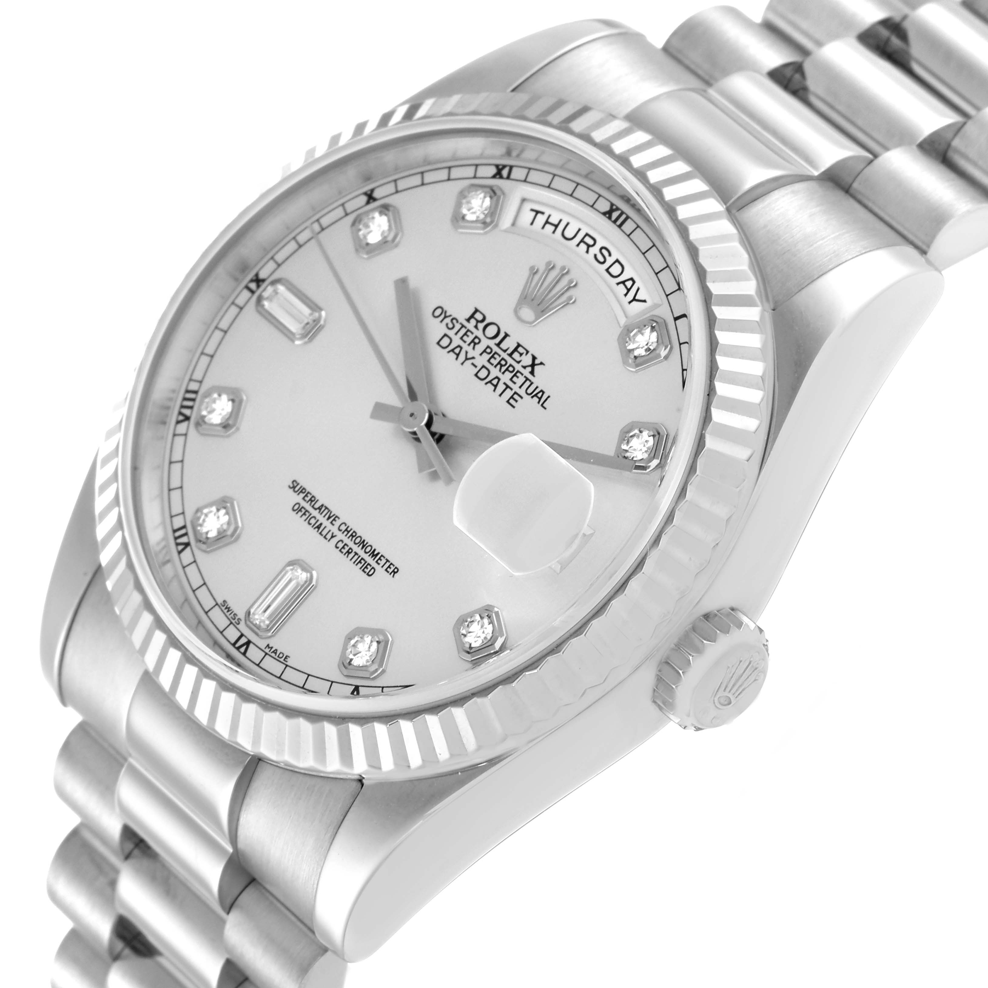 This image shows a Rolex President 118239 Men's White Gold Silver Dial 118239 Men's White Gold Silver Dial model watch at an angled close-up, highlighting the dial, fluted bezel, and part of the bracelet.