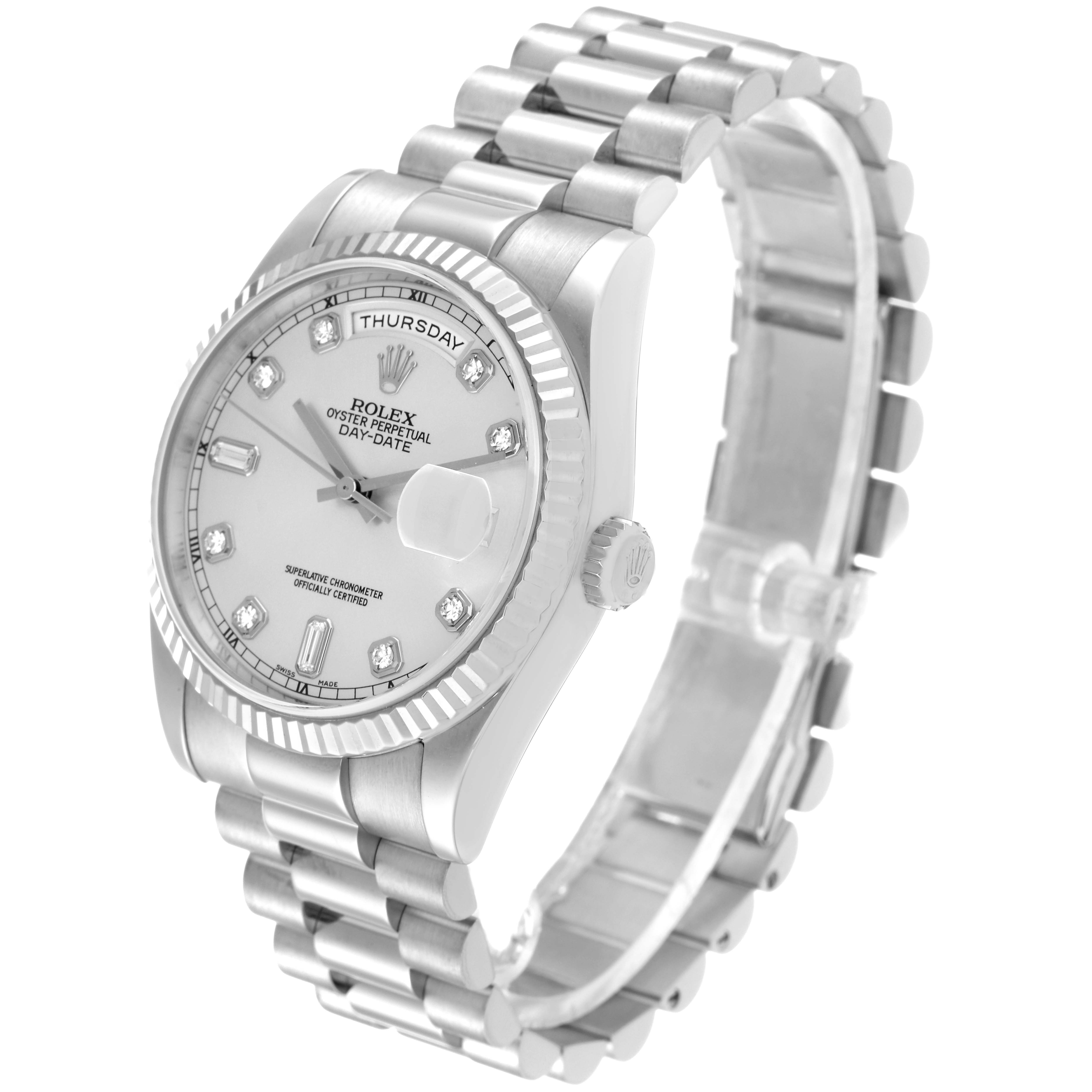 The image shows a Rolex President 118239 Men's White Gold Silver Dial 118239 Men's White Gold Silver Dial model watch from an angled view, highlighting the dial, bezel, bracelet, and crown.