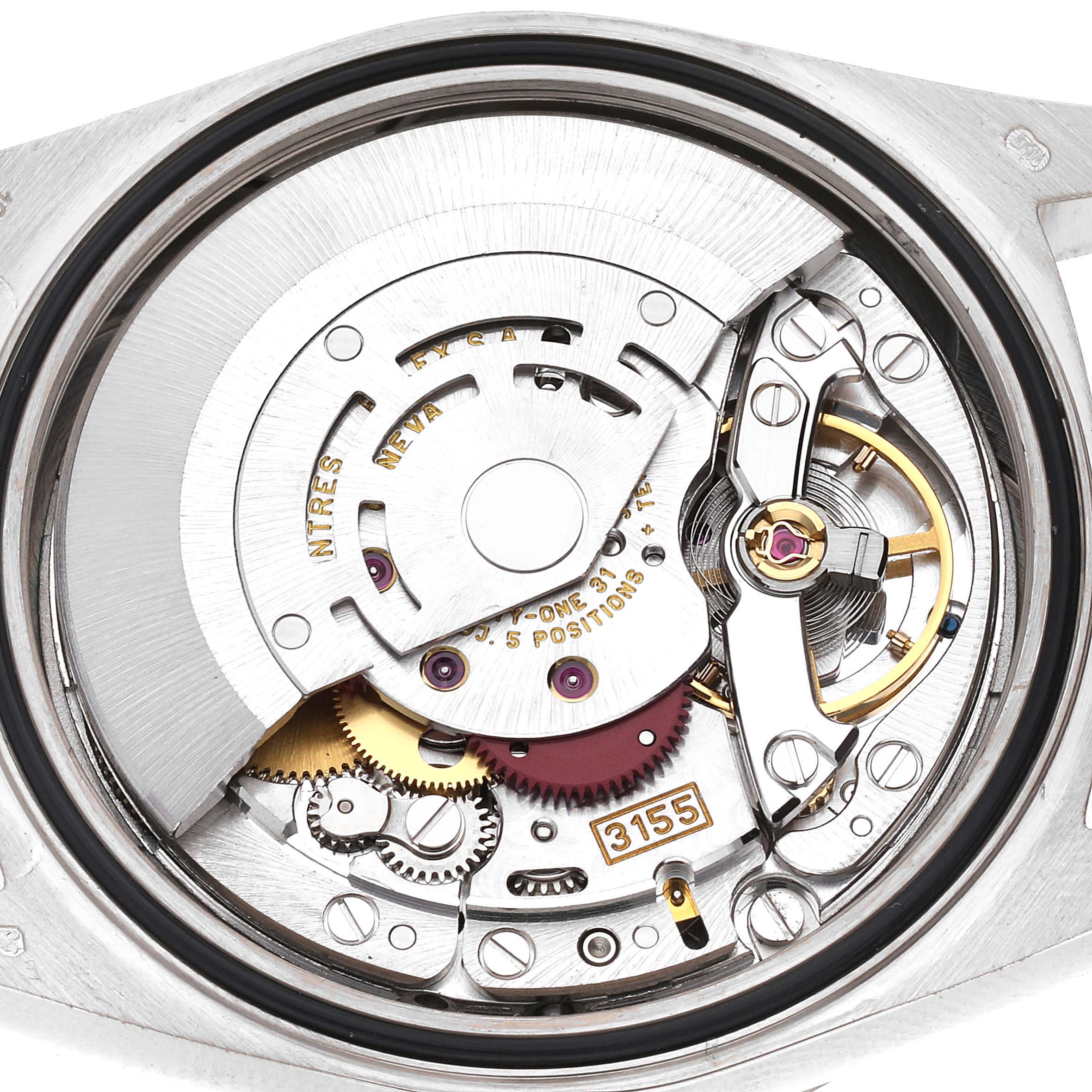 The image shows the internal mechanism of a Rolex President 18239 Men's White Gold Silver Dial 18239 Men's White Gold Silver Dial model watch from a rear angle.