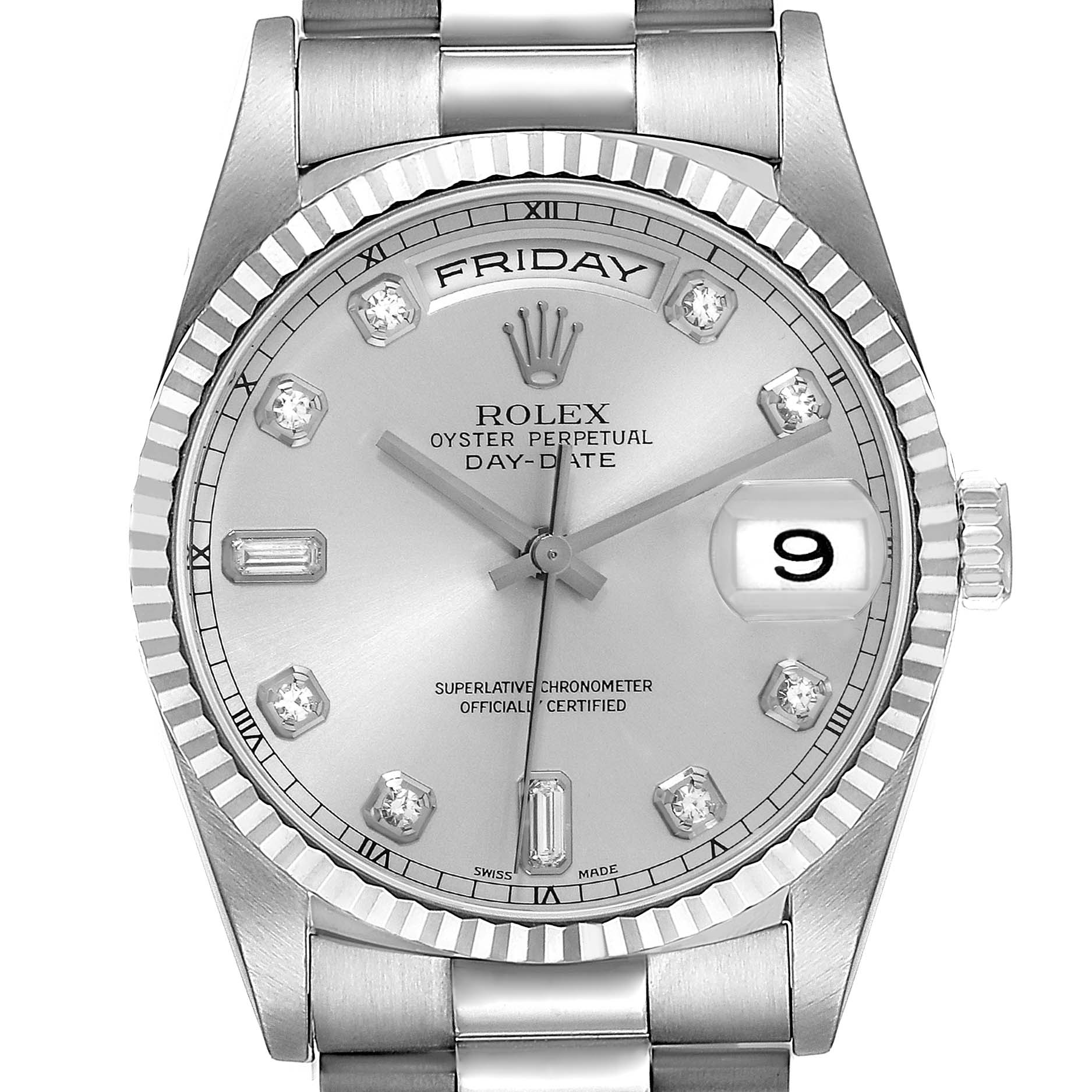 This image shows the dial, bezel, and part of the bracelet of the Rolex President 18239 Men's White Gold Silver Dial 18239 Men's White Gold Silver Dial Day-Date watch from a front angle.