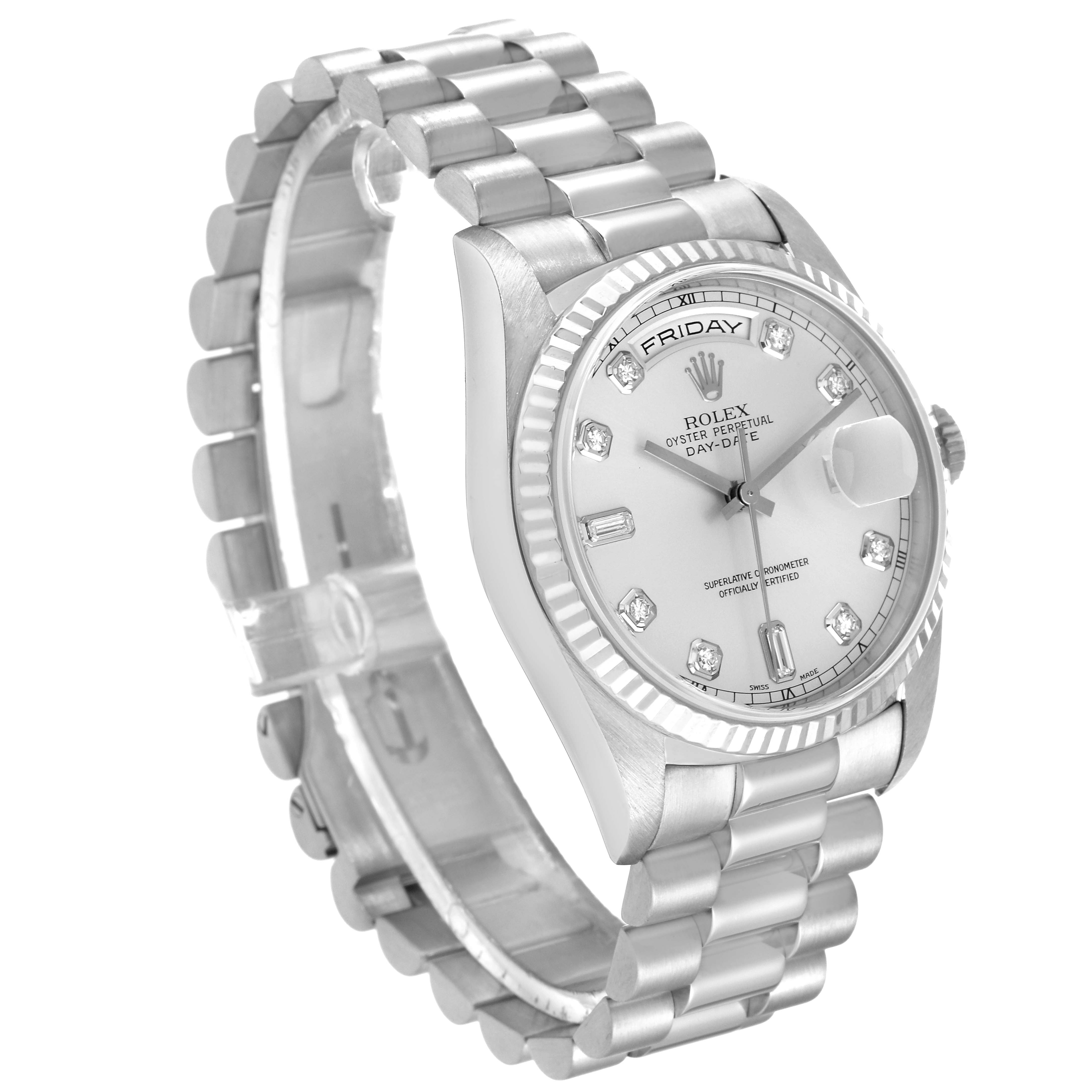 The image shows a Rolex President 18239 Men's White Gold Silver Dial 18239 Men's White Gold Silver Dial model watch from a slightly left-angled view, displaying the watch face, bezel, and metal bracelet.