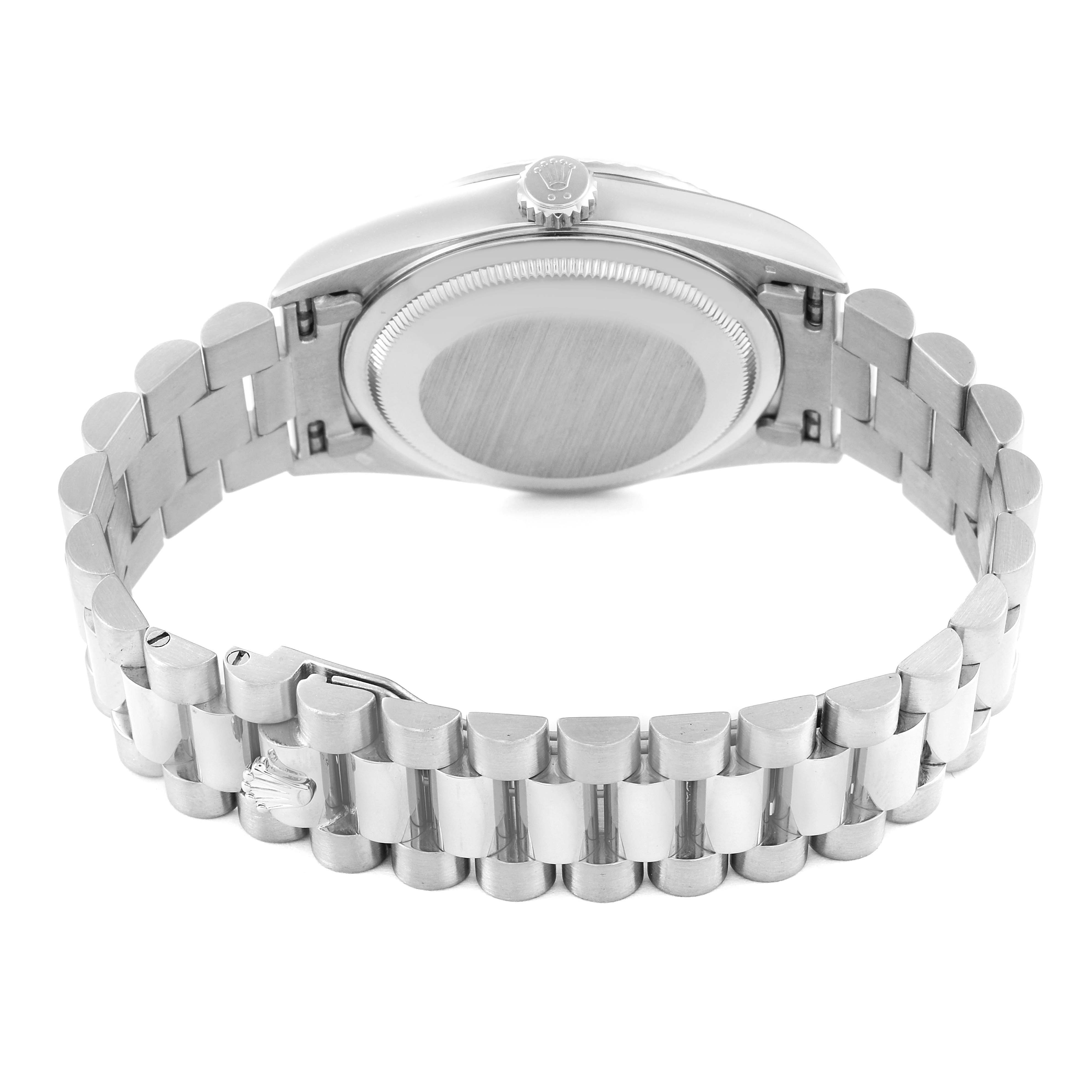 The image shows the back view of a Rolex President 18239 Men's White Gold Silver Dial 18239 Men's White Gold Silver Dial model watch, highlighting the case back and bracelet.