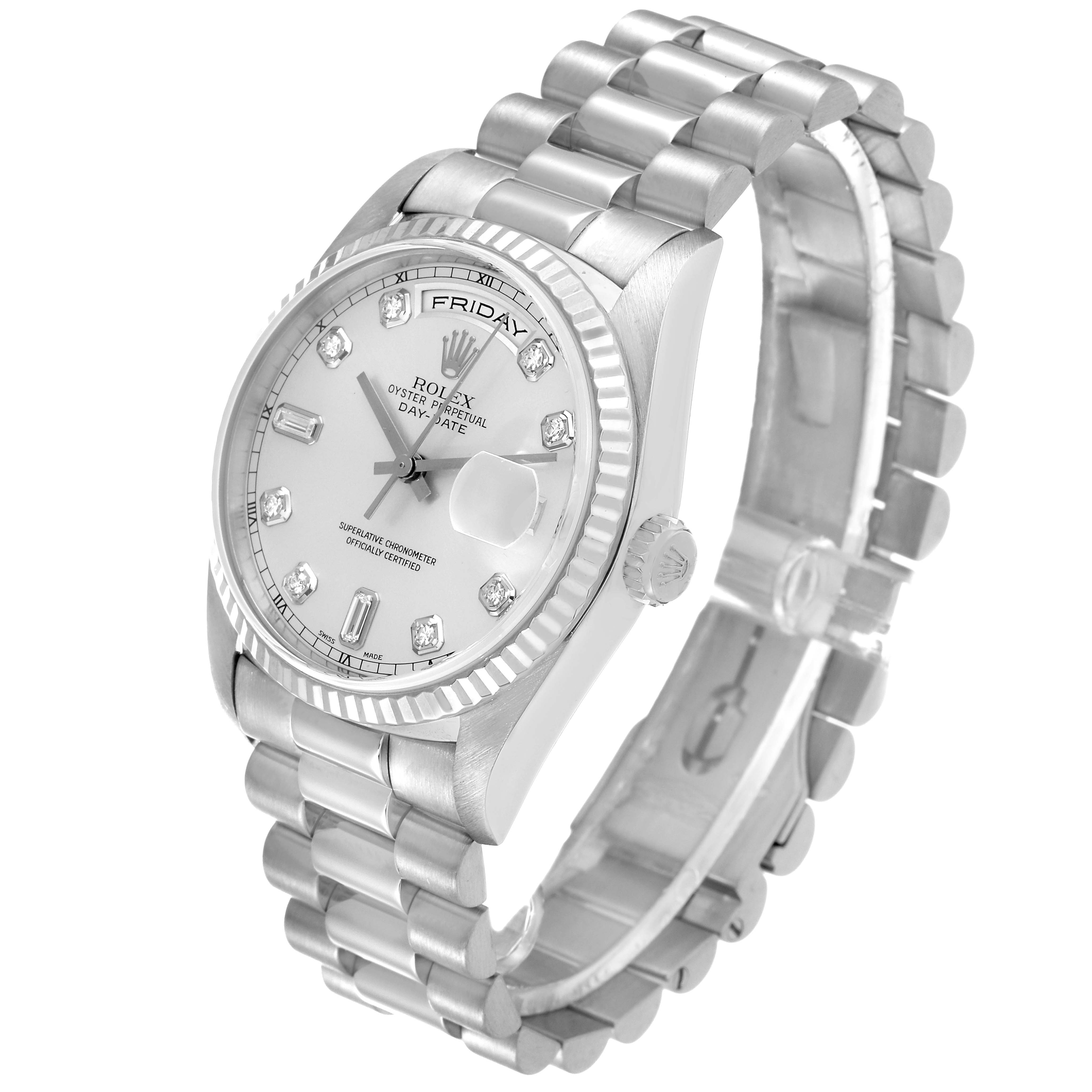 The image shows a Rolex President 18239 Men's White Gold Silver Dial 18239 Men's White Gold Silver Dial model watch with a clear view of the dial, bracelet, and side profile, captured at a slight angle.