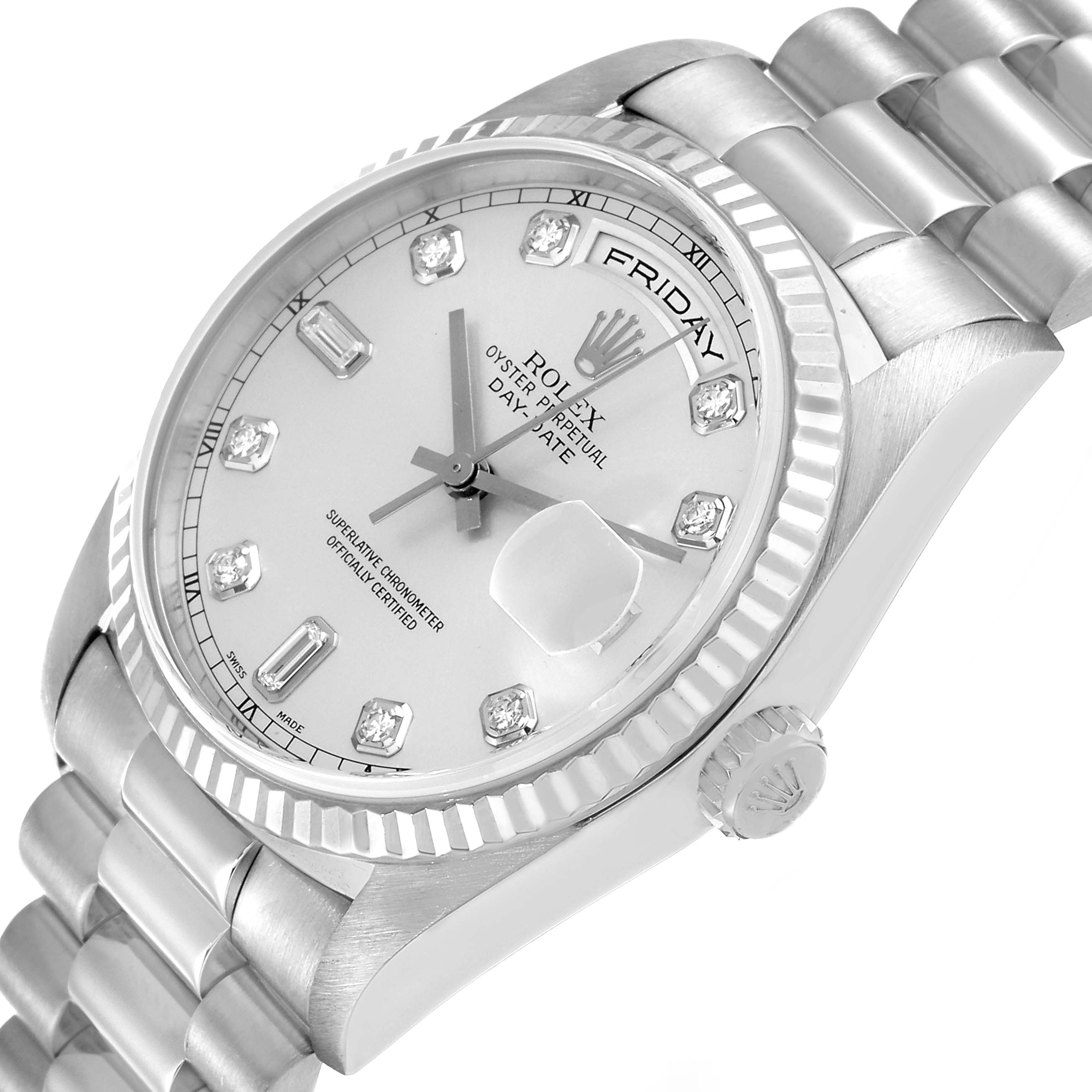 The Rolex President 18239 Men's White Gold Silver Dial 18239 Men's White Gold Silver Dial model watch is shown at an angled close-up, highlighting the dial, bracelet, and partially the bezel and crown.