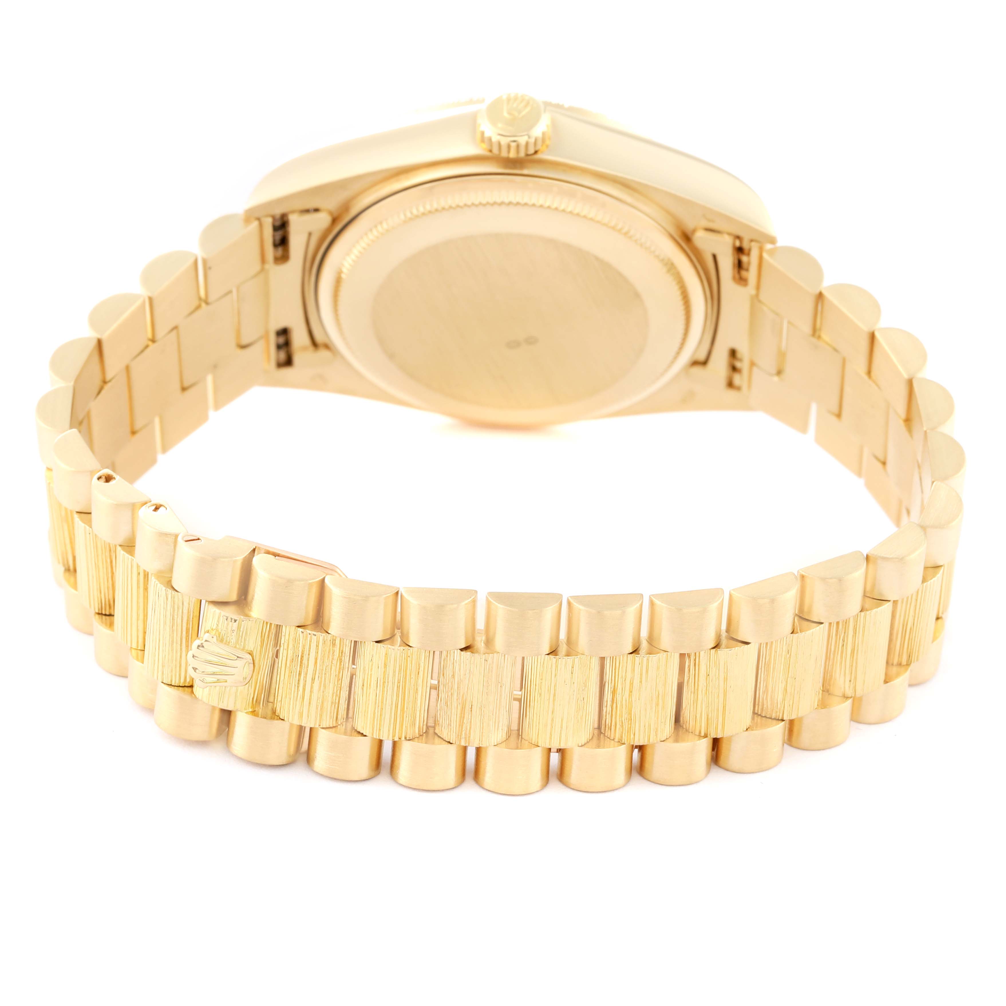 This image shows the back and bracelet of a Rolex President 18078 Men
s Yellow Gold Champagne Dial 18078 Men
s Yellow Gold Champagne Dial model watch, featuring a gold case and band.