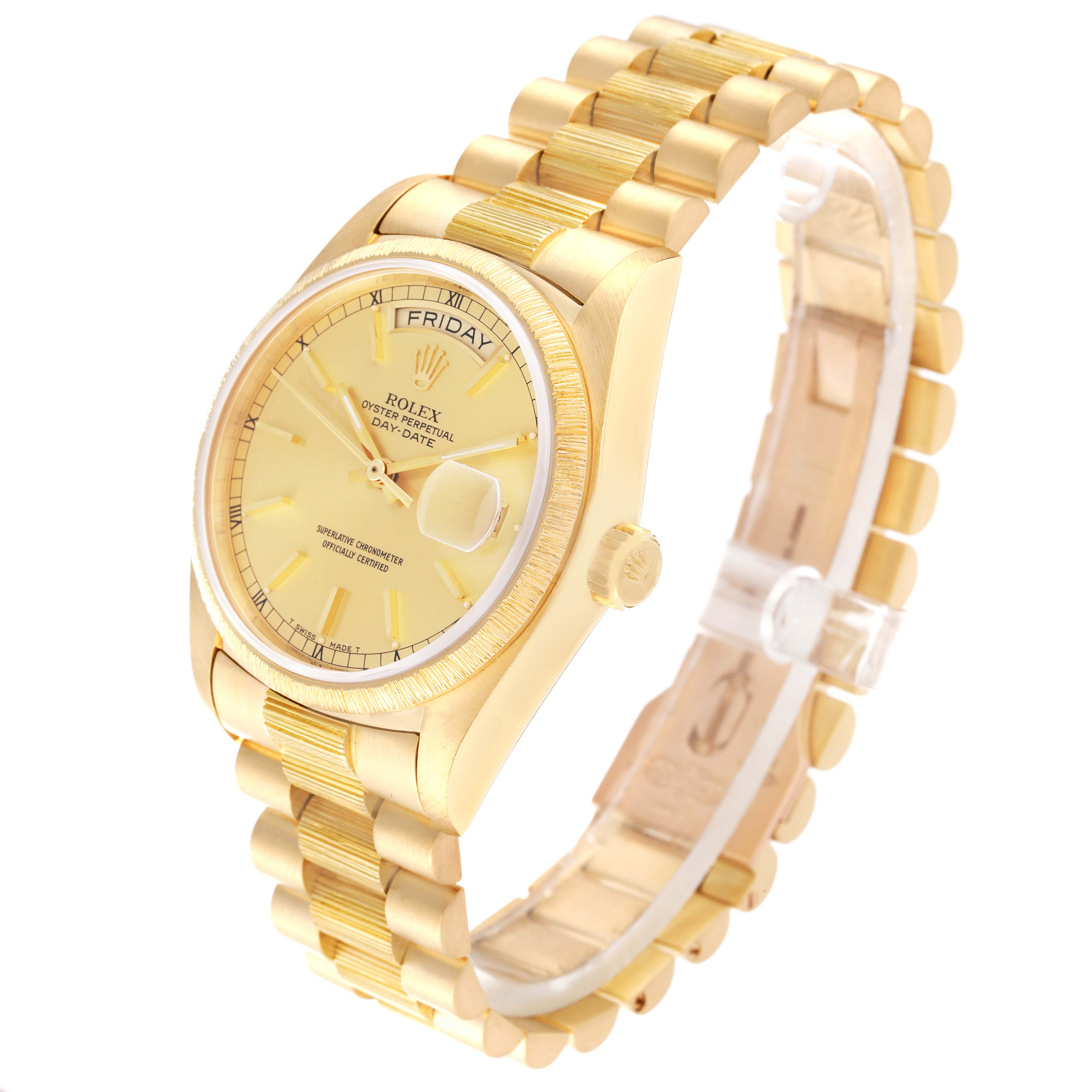 The image shows a Rolex President 18078 Men
s Yellow Gold Champagne Dial 18078 Men
s Yellow Gold Champagne Dial model watch at a three-quarter angle, displaying the face and bracelet.