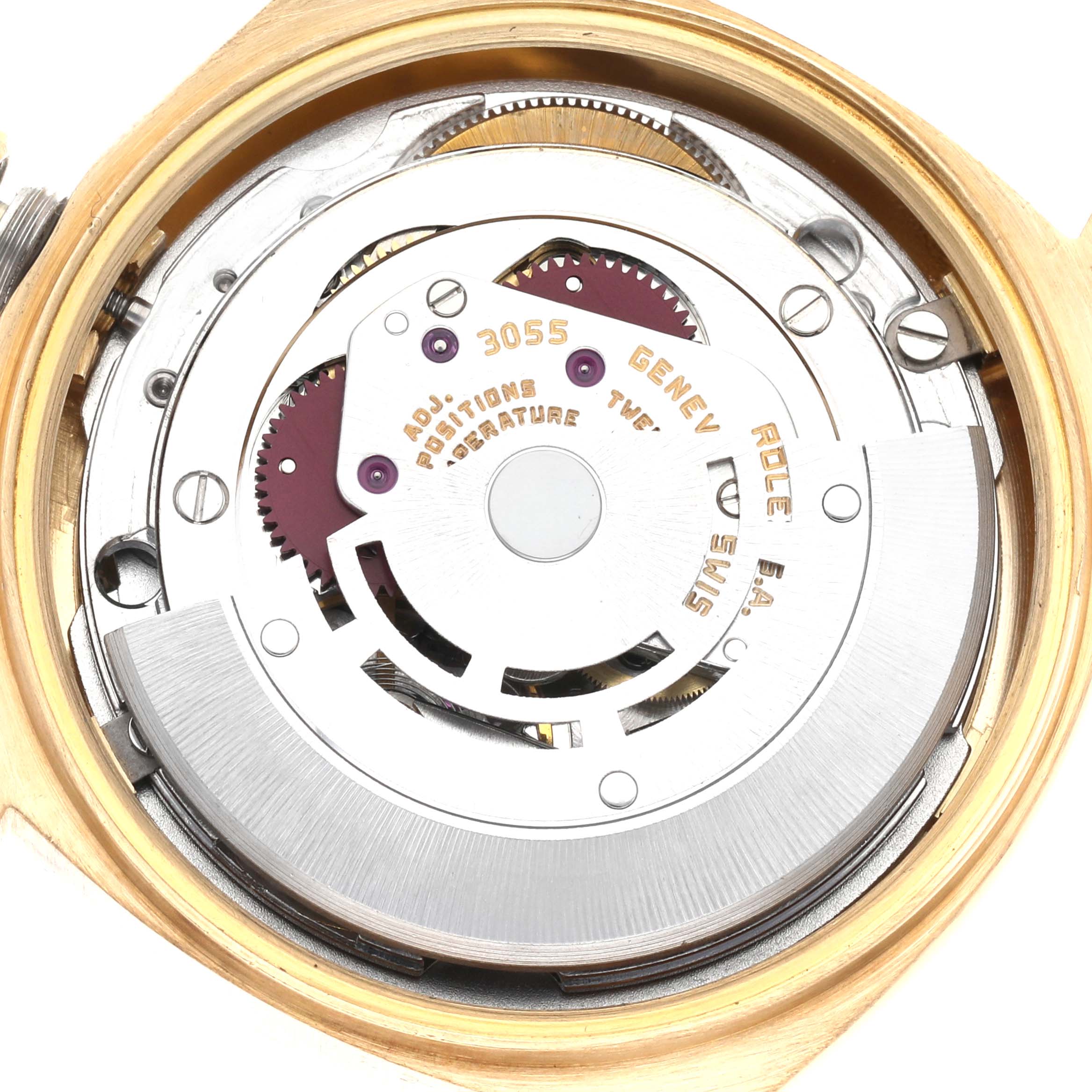 This is a close-up view of the movement mechanism for a Rolex President 18078 Men
s Yellow Gold Champagne Dial 18078 Men
s Yellow Gold Champagne Dial model watch, showcasing its internal components.