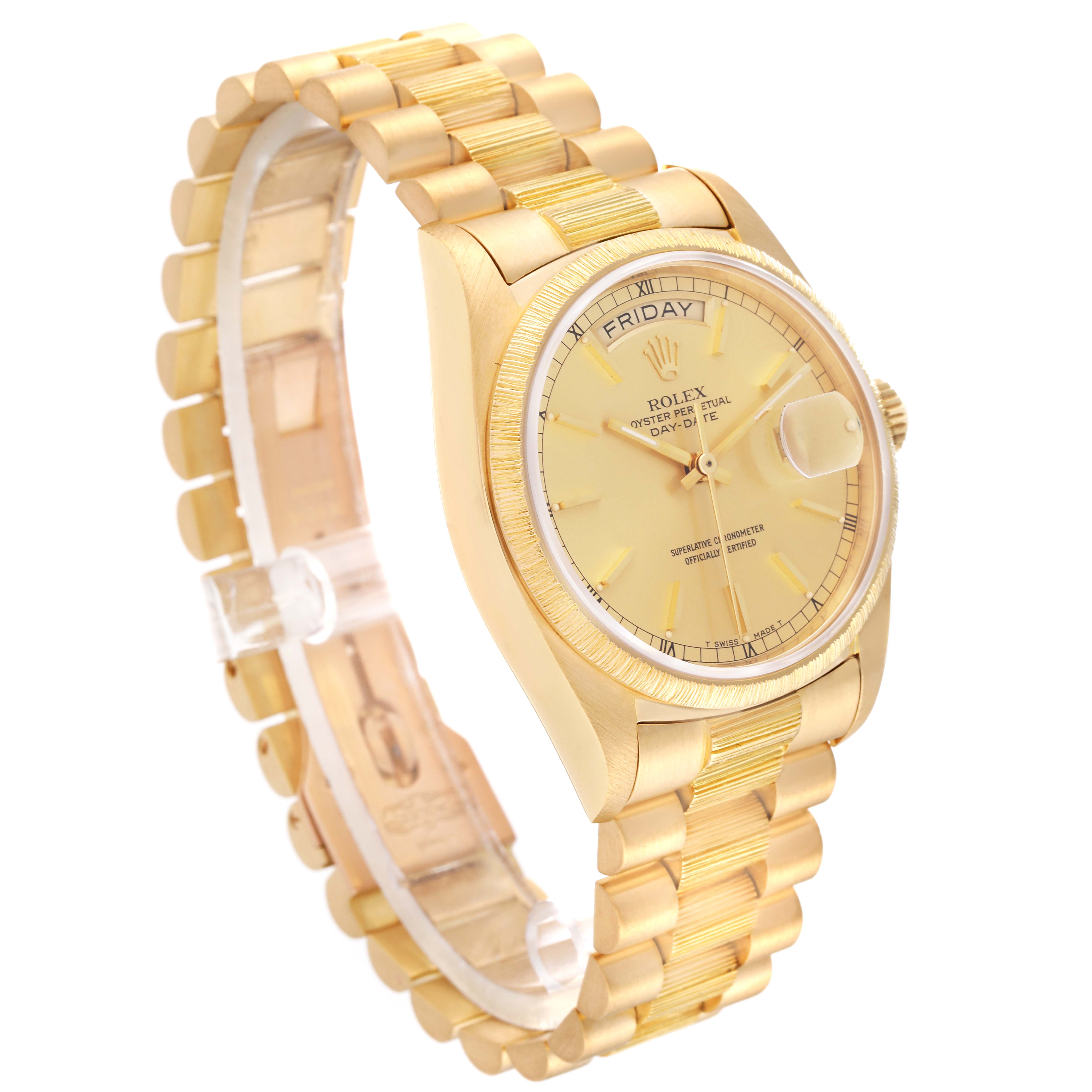 The image shows a side angle of a Rolex President 18078 Men
s Yellow Gold Champagne Dial 18078 Men
s Yellow Gold Champagne Dial model, highlighting the gold case, bracelet, dial, and day-date display.