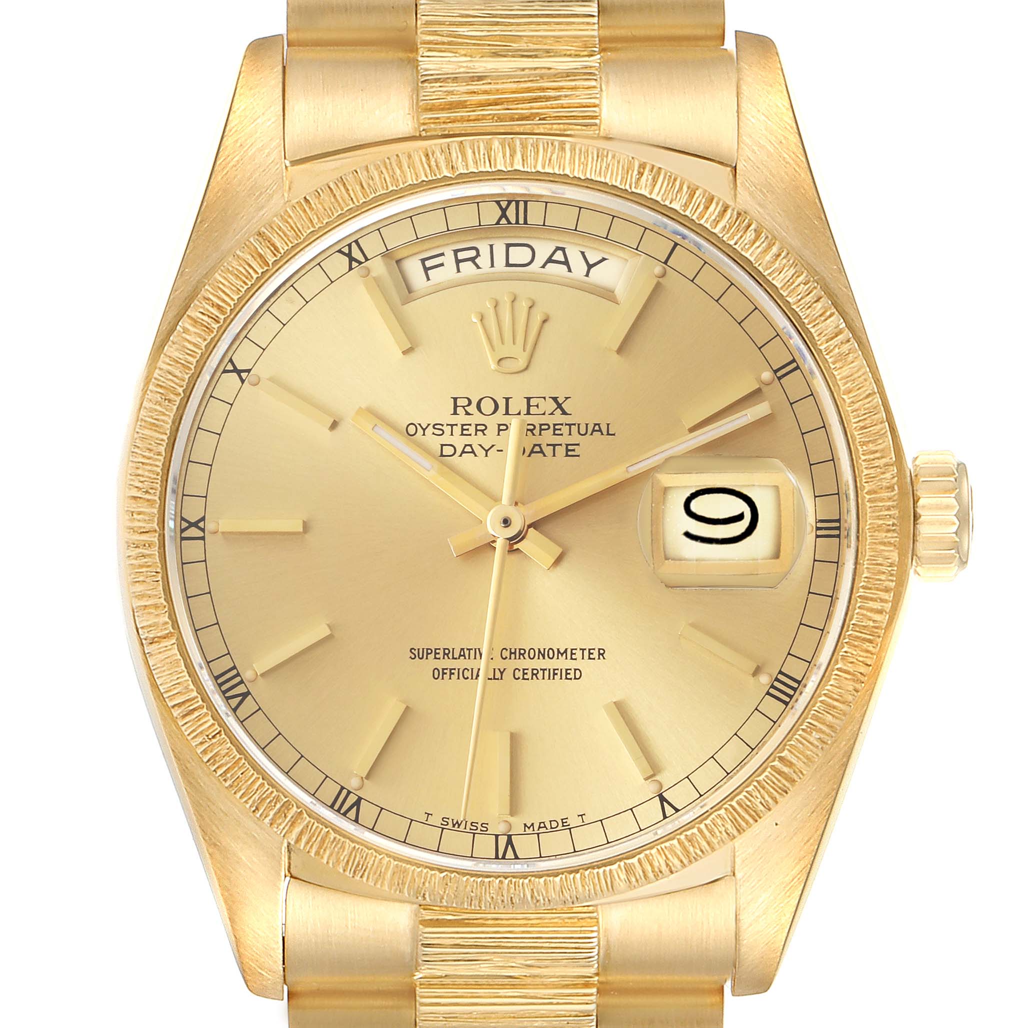 The image shows the face of a Rolex President 18078 Men
s Yellow Gold Champagne Dial 18078 Men
s Yellow Gold Champagne Dial Day-Date watch in gold, highlighting the day, date, and dial details.