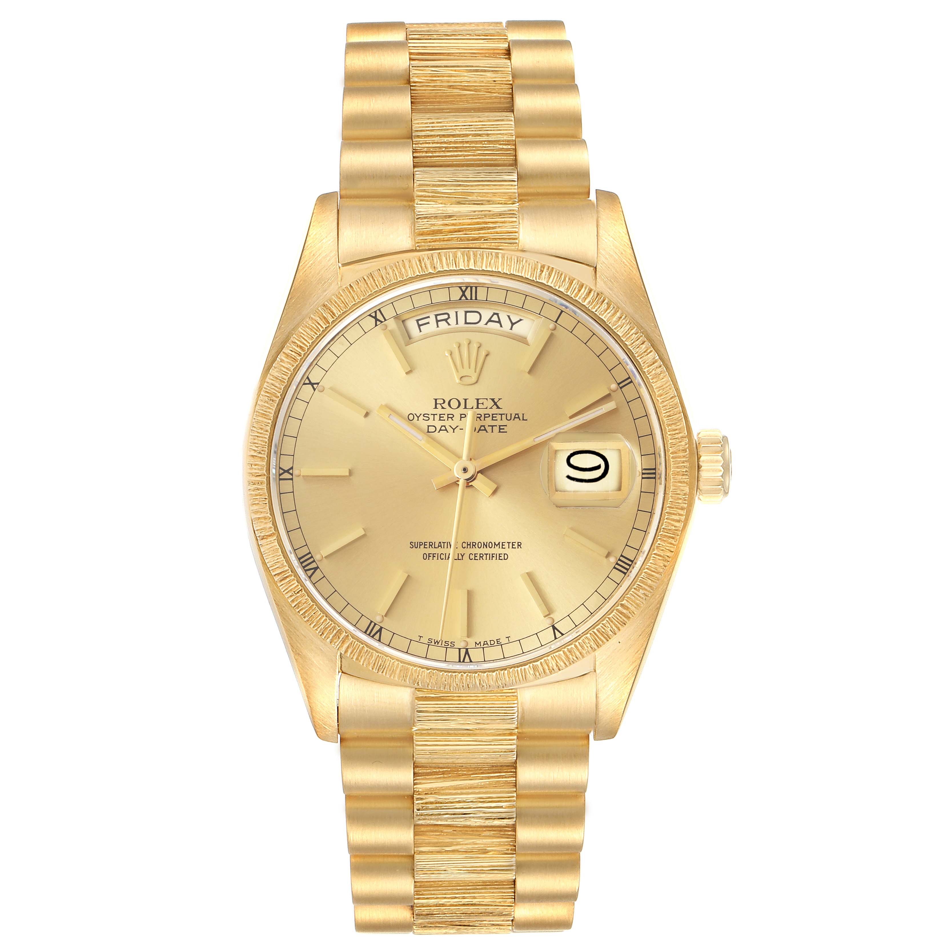 This is a front view of the Rolex President 18078 Men
s Yellow Gold Champagne Dial 18078 Men
s Yellow Gold Champagne Dial model watch, showing the dial, bracelet, and crown.