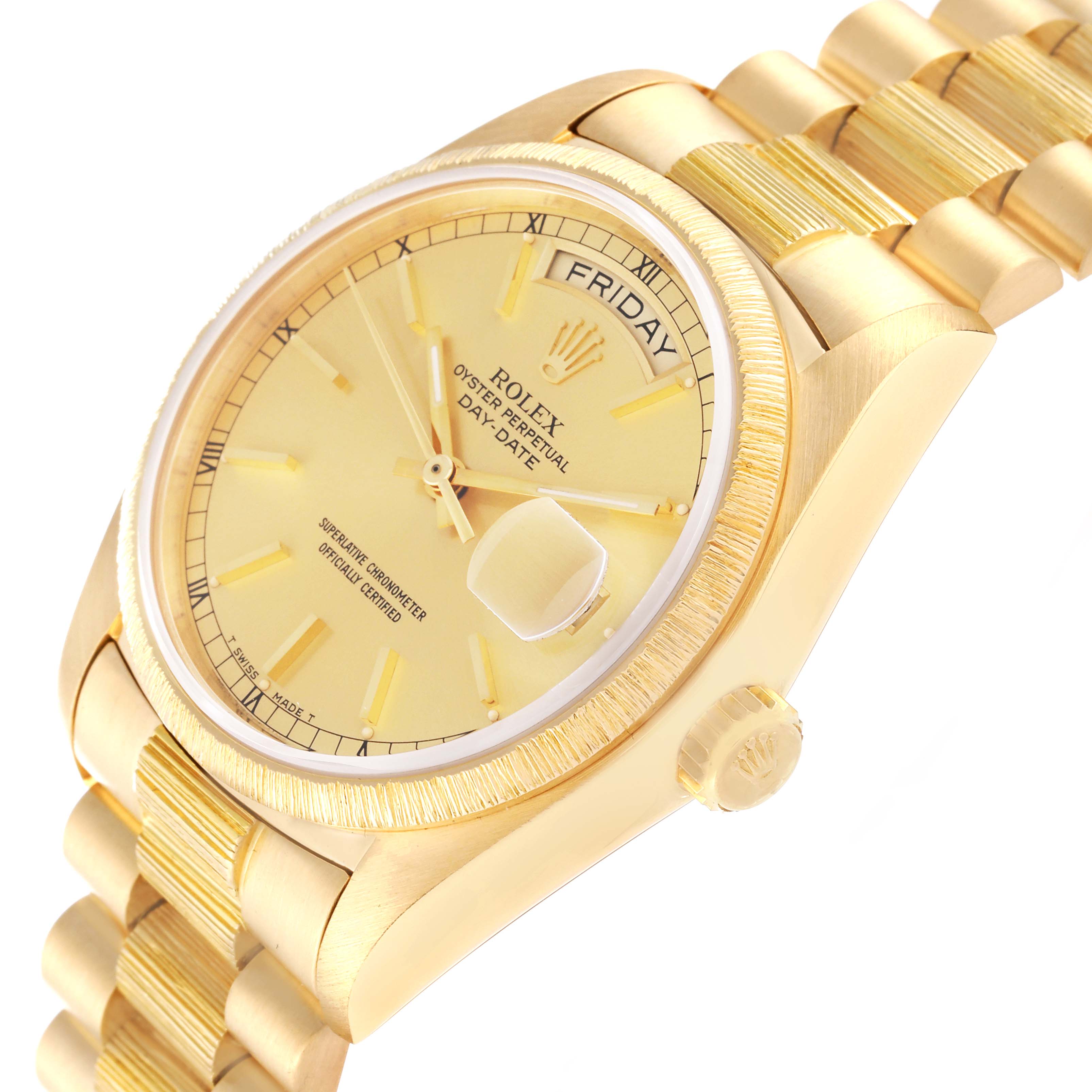 This Rolex President 18078 Men
s Yellow Gold Champagne Dial 18078 Men
s Yellow Gold Champagne Dial model watch is shown at an angle highlighting the dial, bezel, crown, and bracelet.