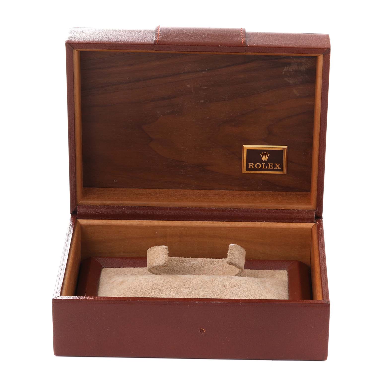 This is an open Rolex President 18078 Men
s Yellow Gold Champagne Dial 18078 Men
s Yellow Gold Champagne Dial model watch box viewed from the front, displaying the inner watch holder and logo.