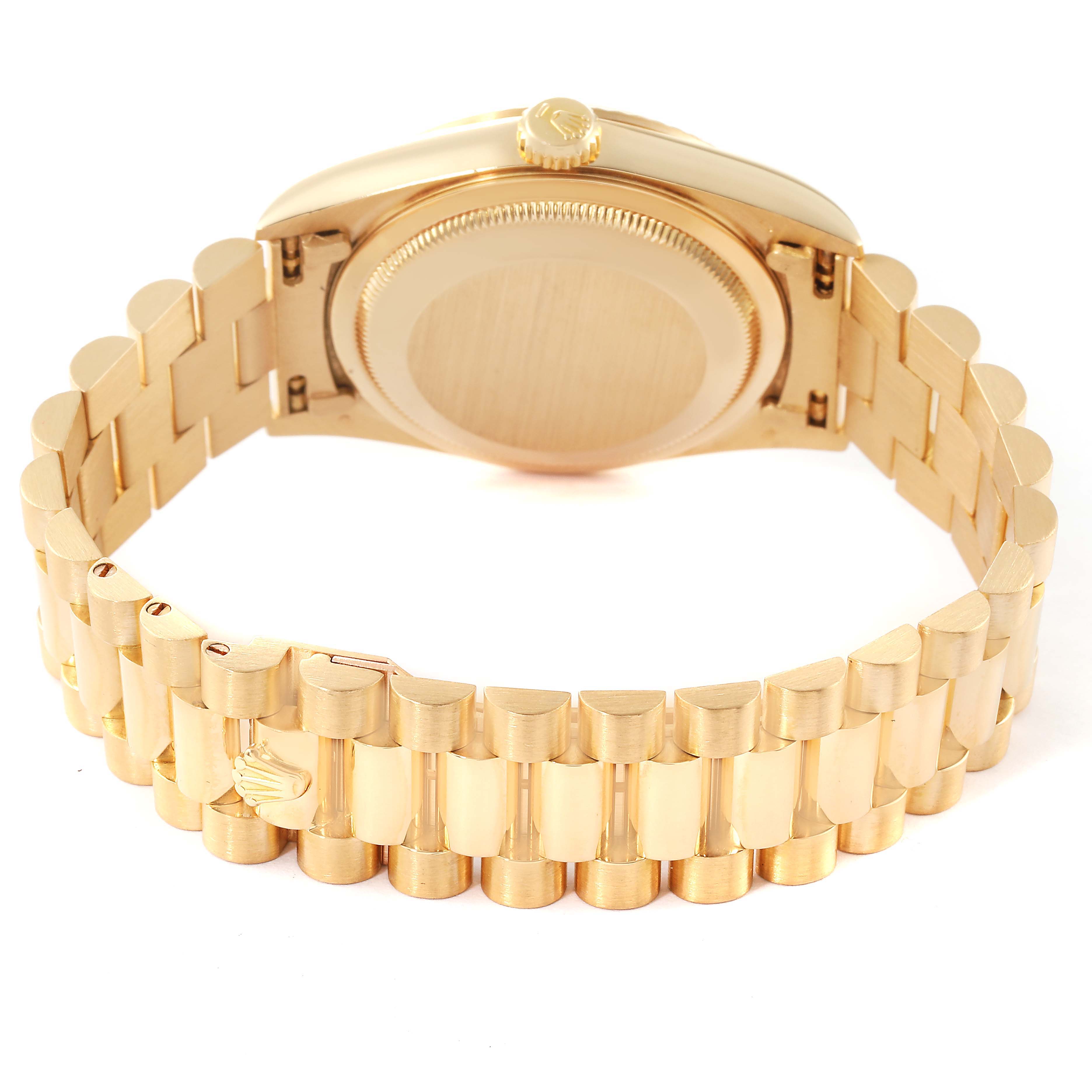 The image shows the back view of a Rolex President 18238 Men's Yellow Gold Champagne Dial 18238 Men's Yellow Gold Champagne Dial model, highlighting the case back and gold bracelet.