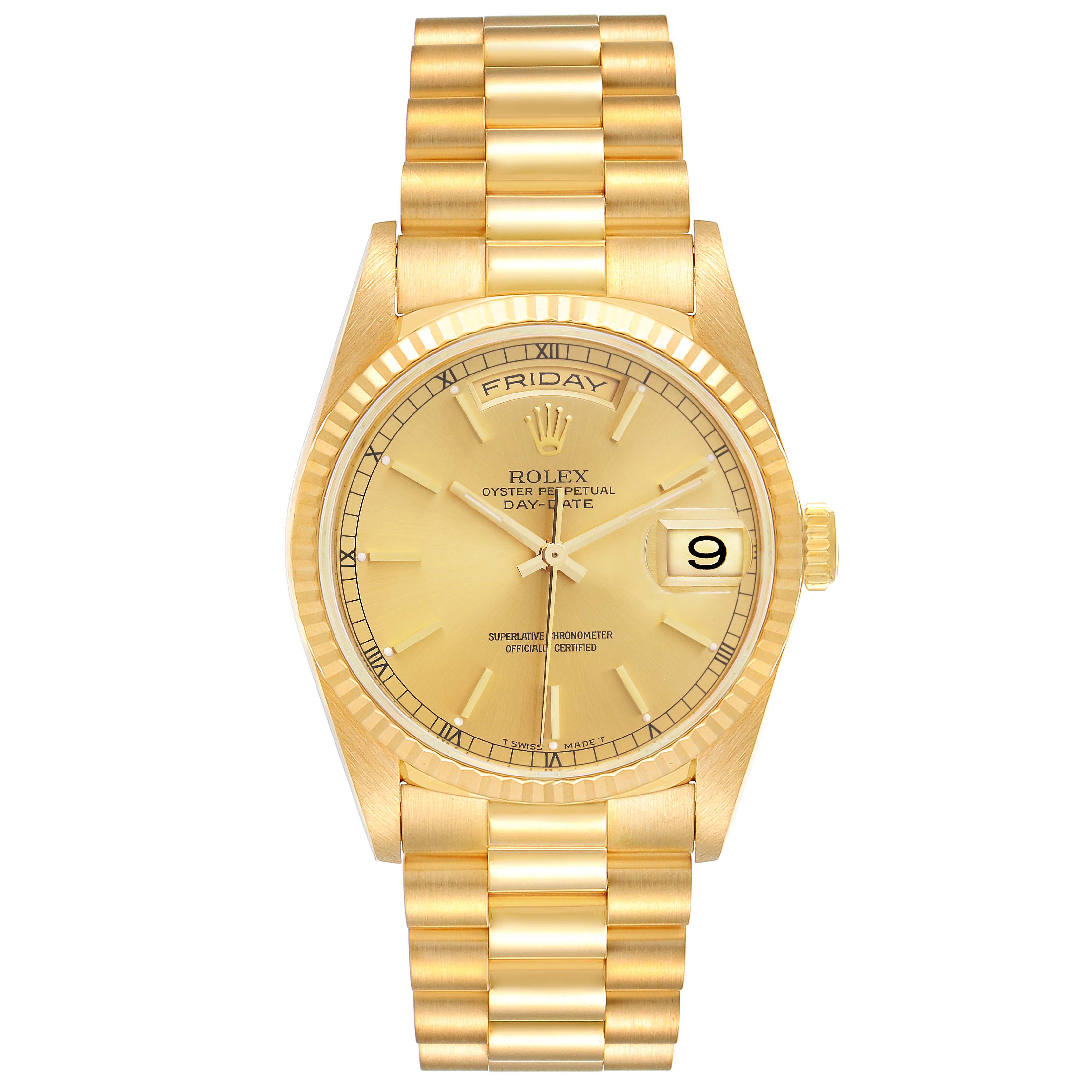 The image shows a front view of a Rolex President 18238 Men's Yellow Gold Champagne Dial 18238 Men's Yellow Gold Champagne Dial model watch, including the dial, bracelet, bezel, and day-date display.