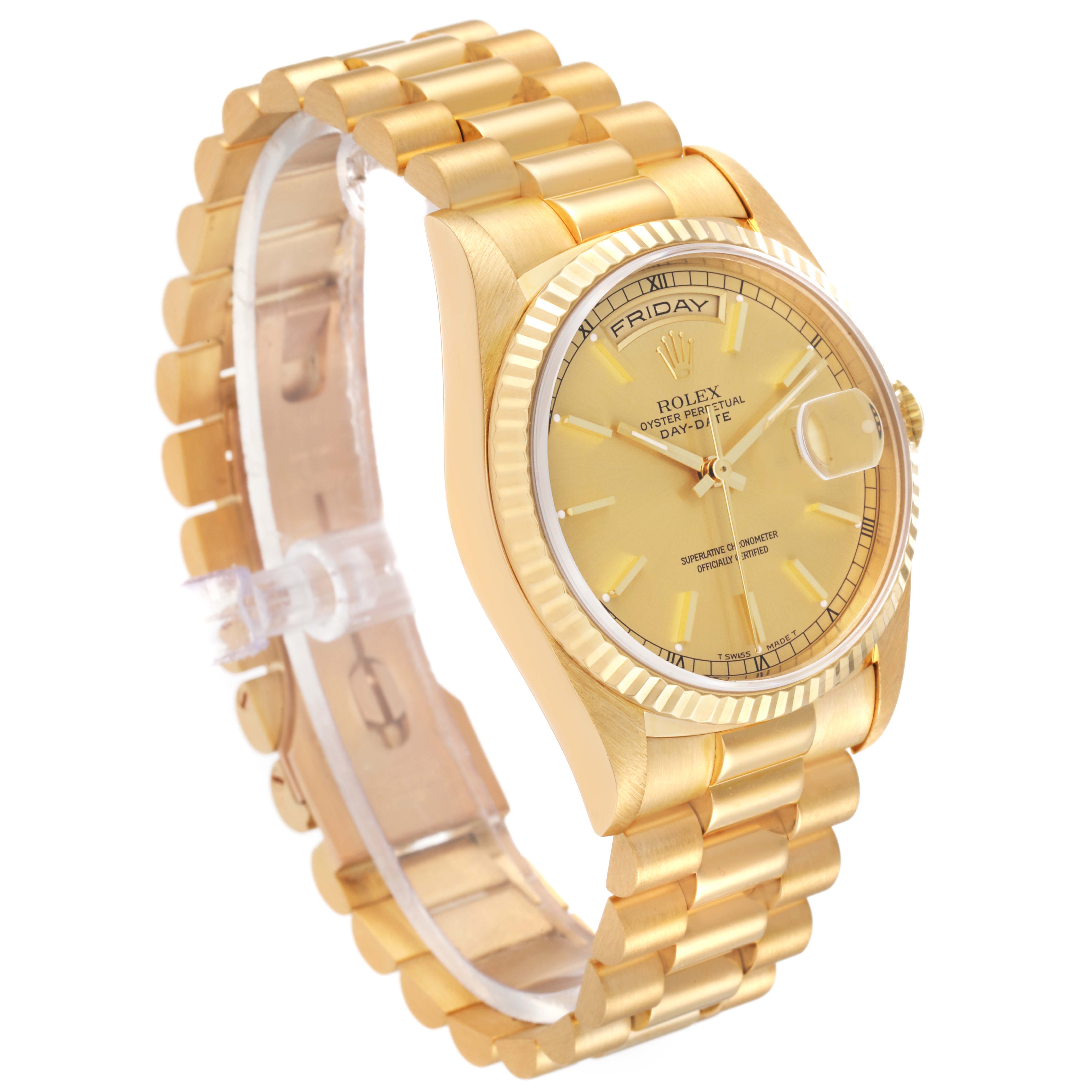 This image shows a Rolex President 18238 Men's Yellow Gold Champagne Dial 18238 Men's Yellow Gold Champagne Dial model watch angled slightly from the front, showcasing its dial, bezel, and bracelet.