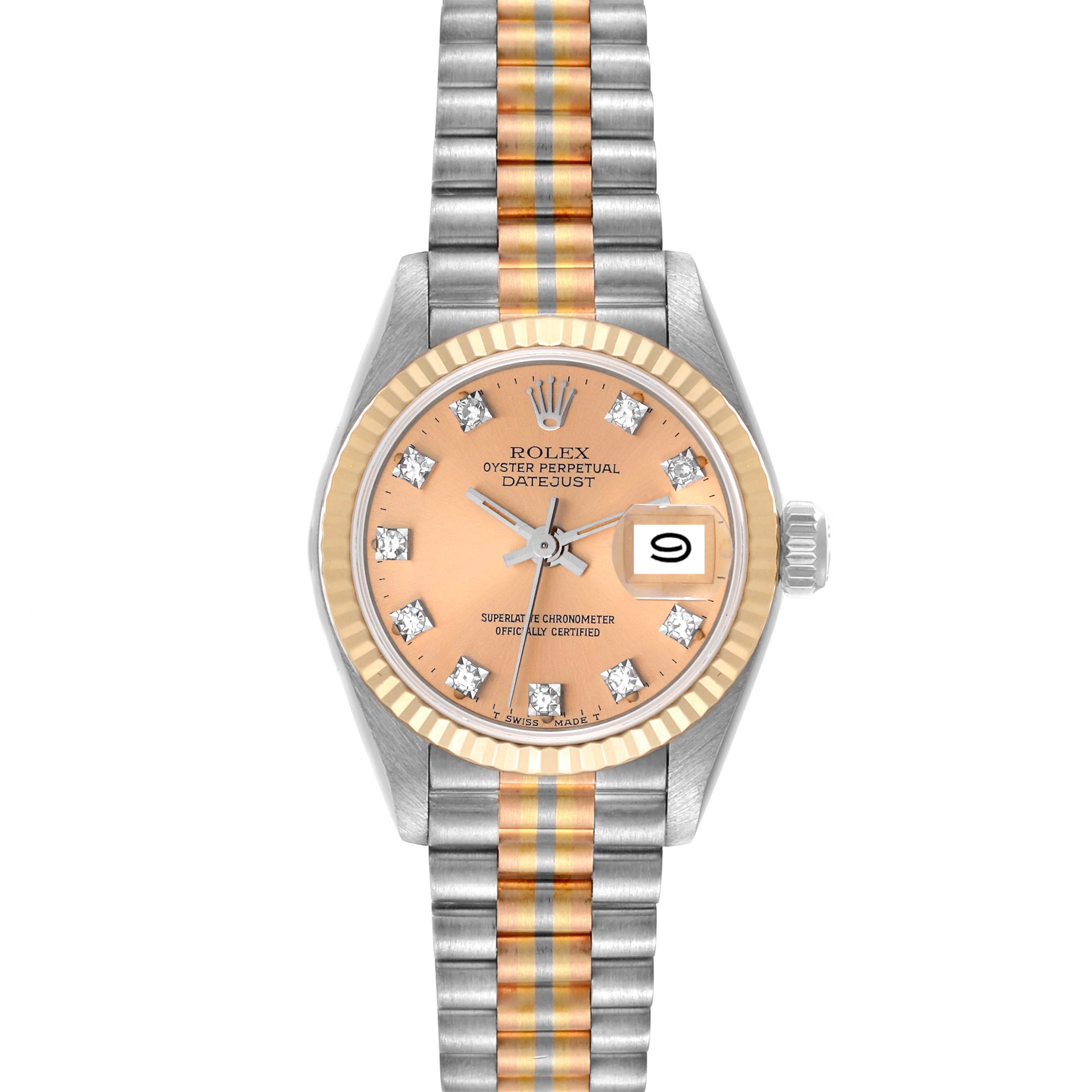 The image shows a front view of the Rolex President 69179 Women's White Gold Champagne Dial 69179 Women's White Gold Champagne Dial model watch, highlighting the bezel, dial, markers, hands, and bracelet.