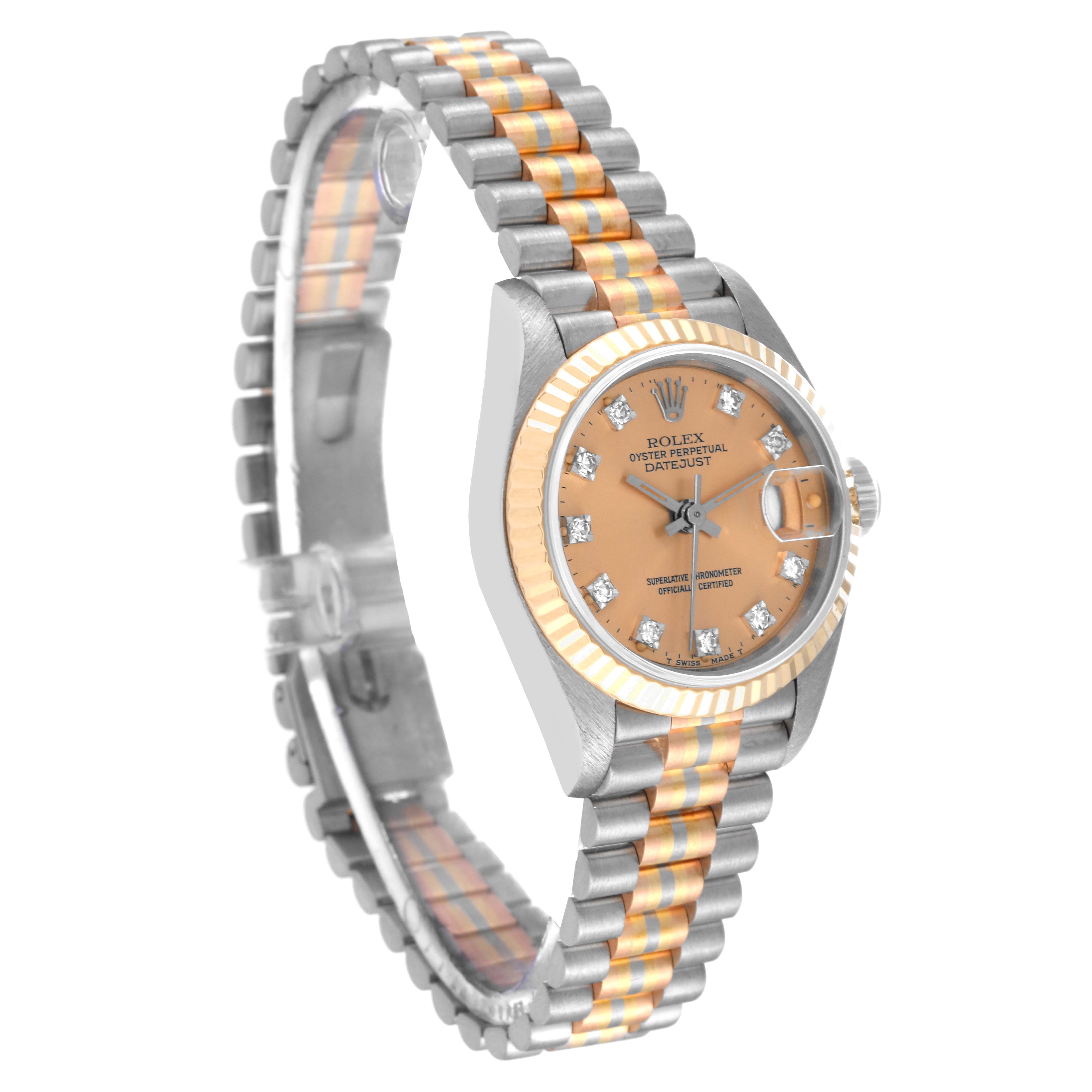 The image shows a Rolex President 69179 Women's White Gold Champagne Dial 69179 Women's White Gold Champagne Dial model watch from a front-right angle, highlighting its face and bracelet.