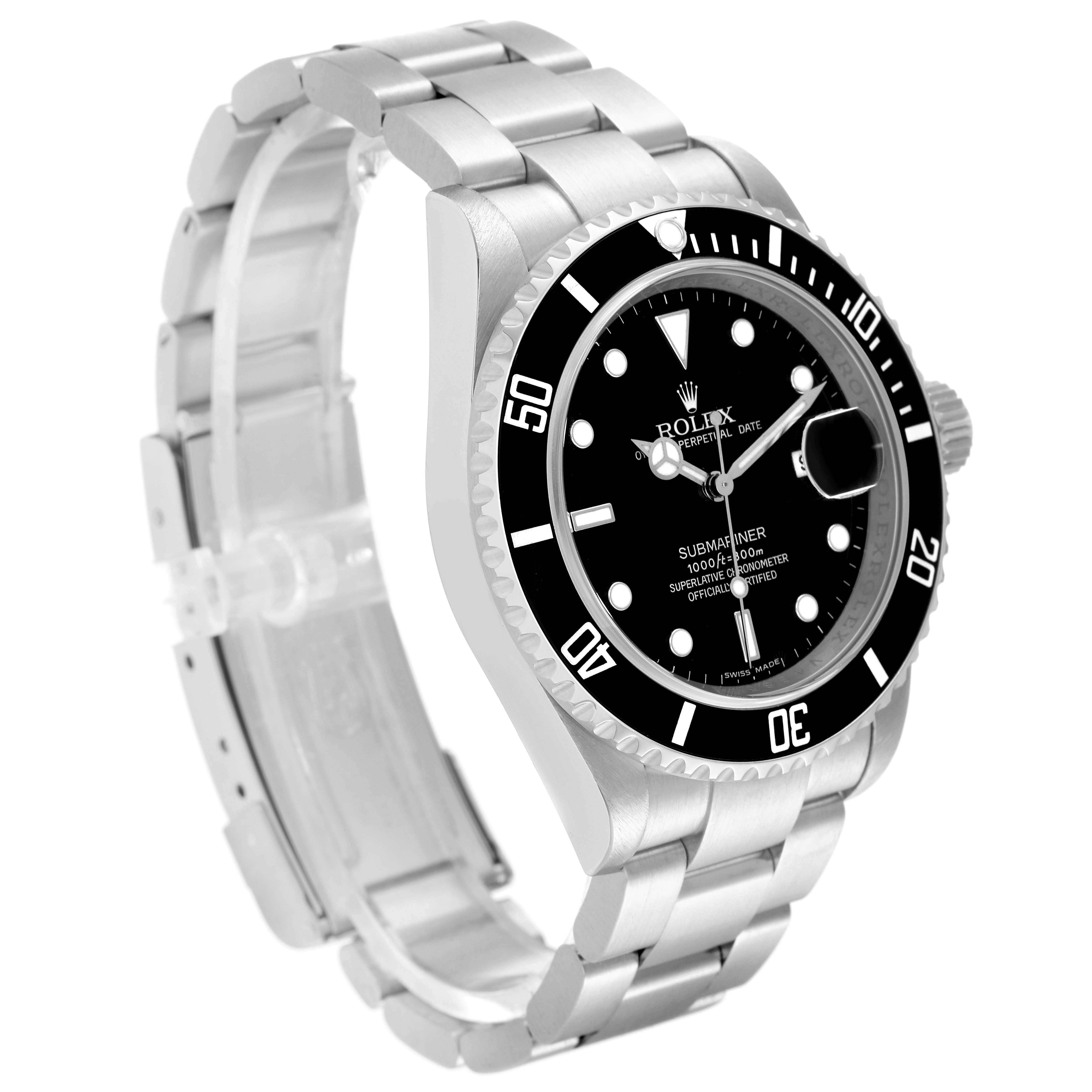 The image shows a Rolex Submariner 16610 Men's Stainless Steel Black Dial 16610 Men's Stainless Steel Black Dial watch from a three-quarter angle, highlighting the watch face, bezel, and bracelet.