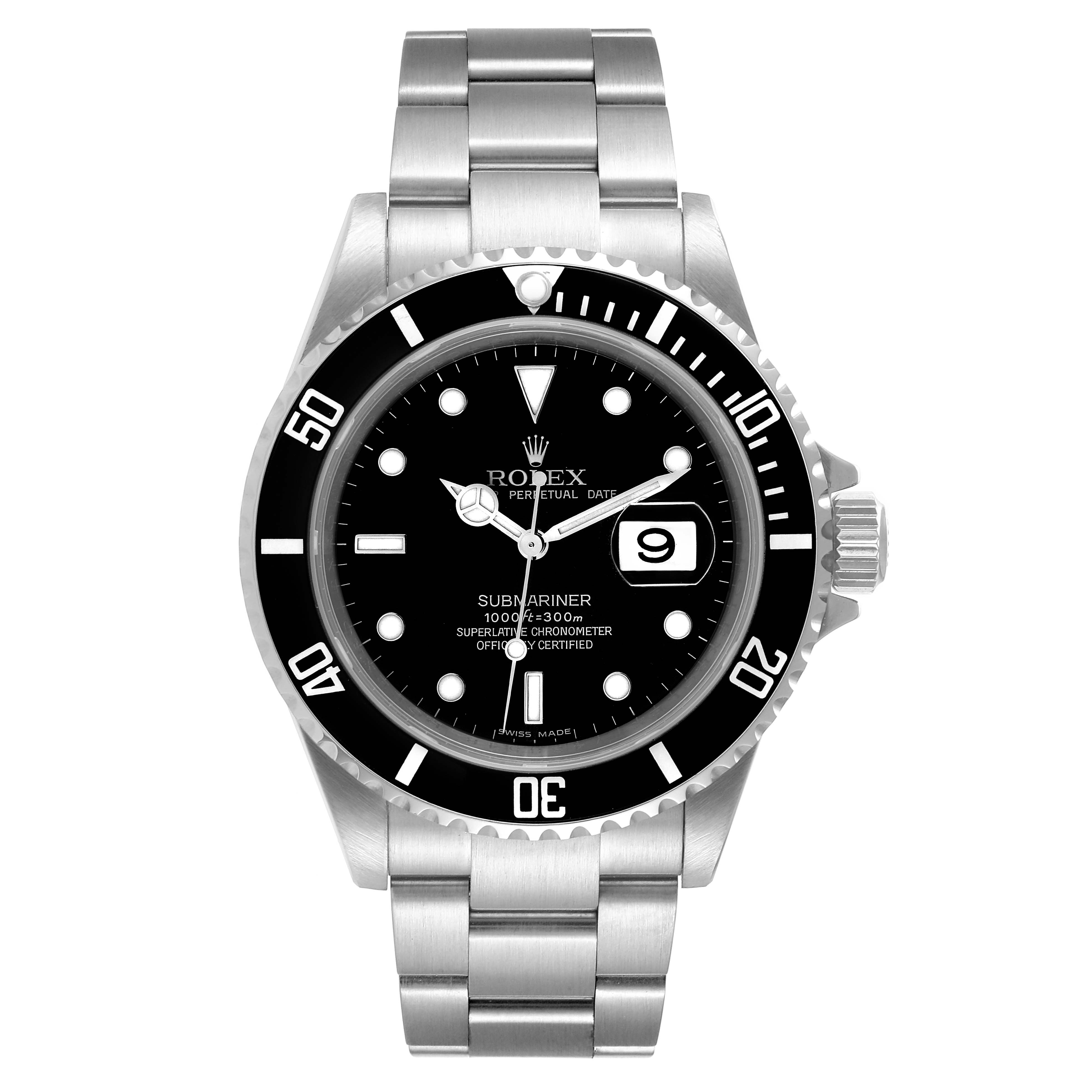 This image shows a frontal view of a Rolex Submariner 16610 Men's Stainless Steel Black Dial 16610 Men's Stainless Steel Black Dial watch, displaying the dial, bezel, and bracelet.